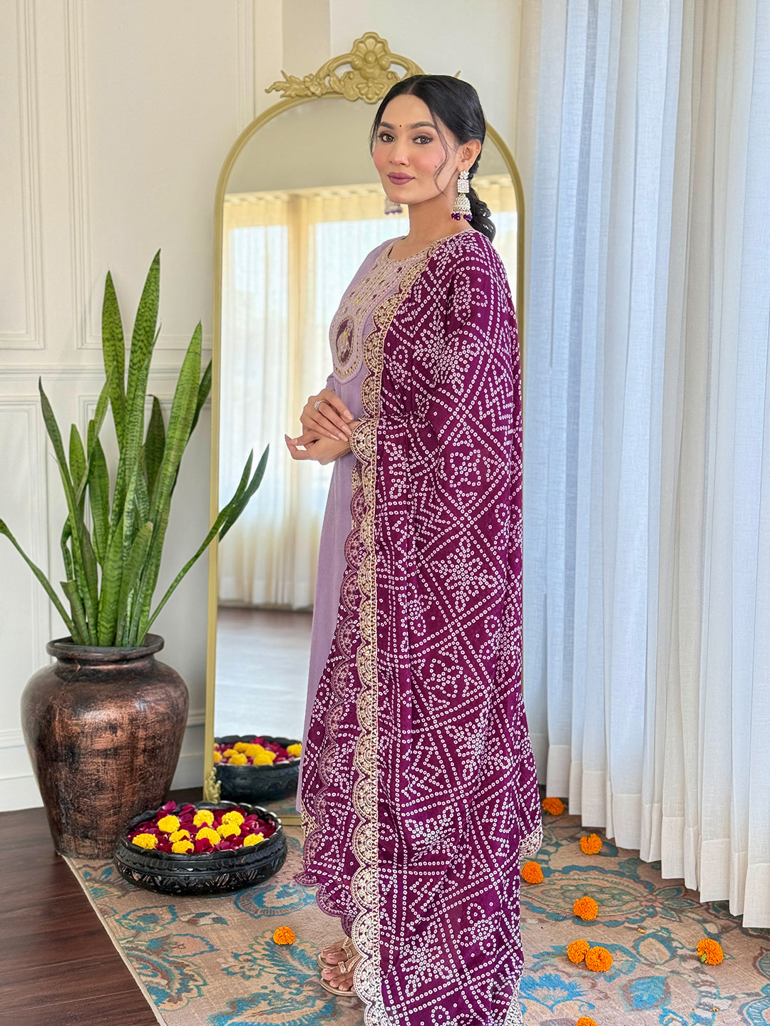 Beautiful Lavender Color Rayon Embroidered Straight Kurta With Pant And Organza Jacquard Dupatta Sets