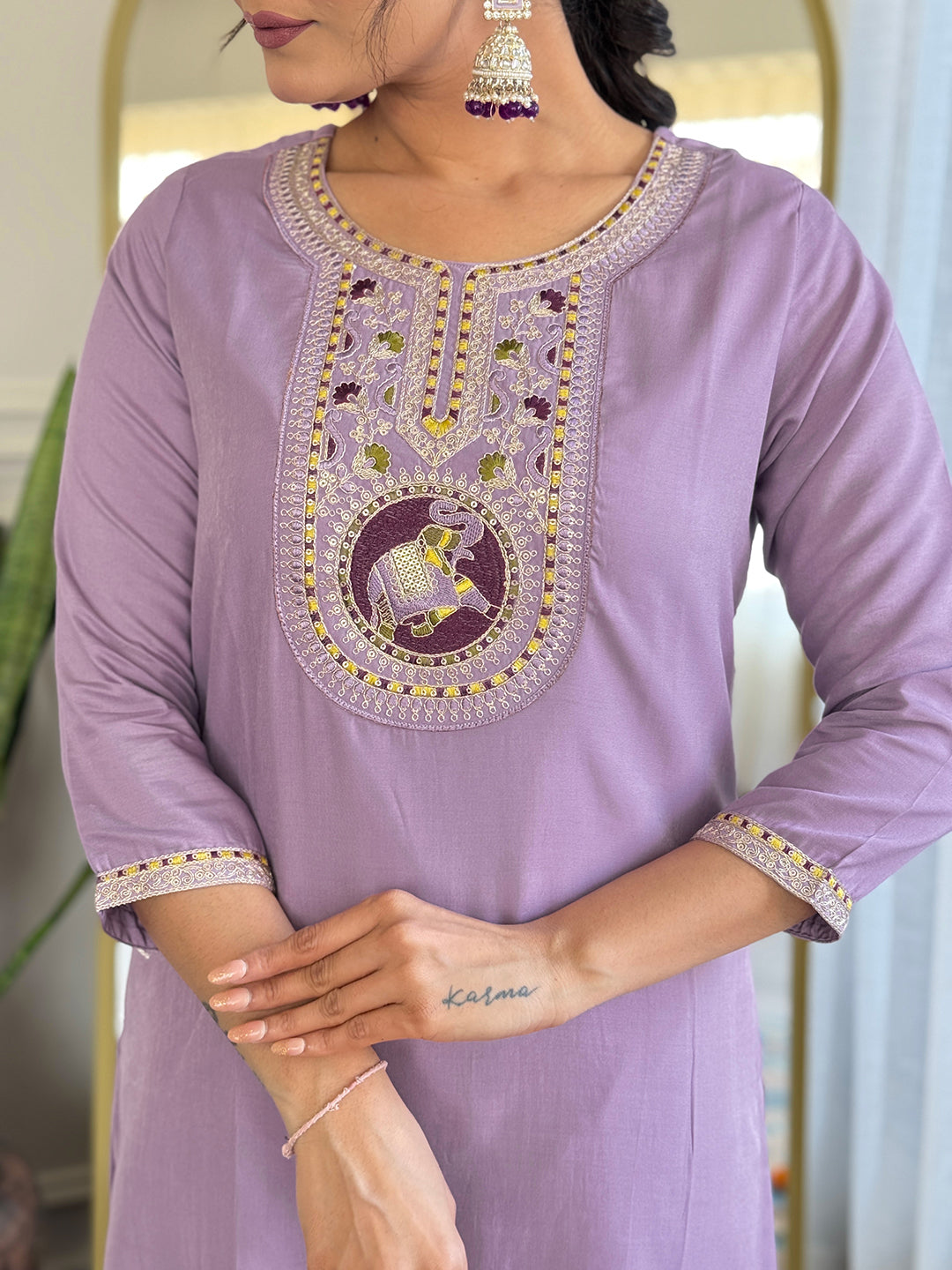 Beautiful Lavender Color Rayon Embroidered Straight Kurta With Pant And Organza Jacquard Dupatta Sets