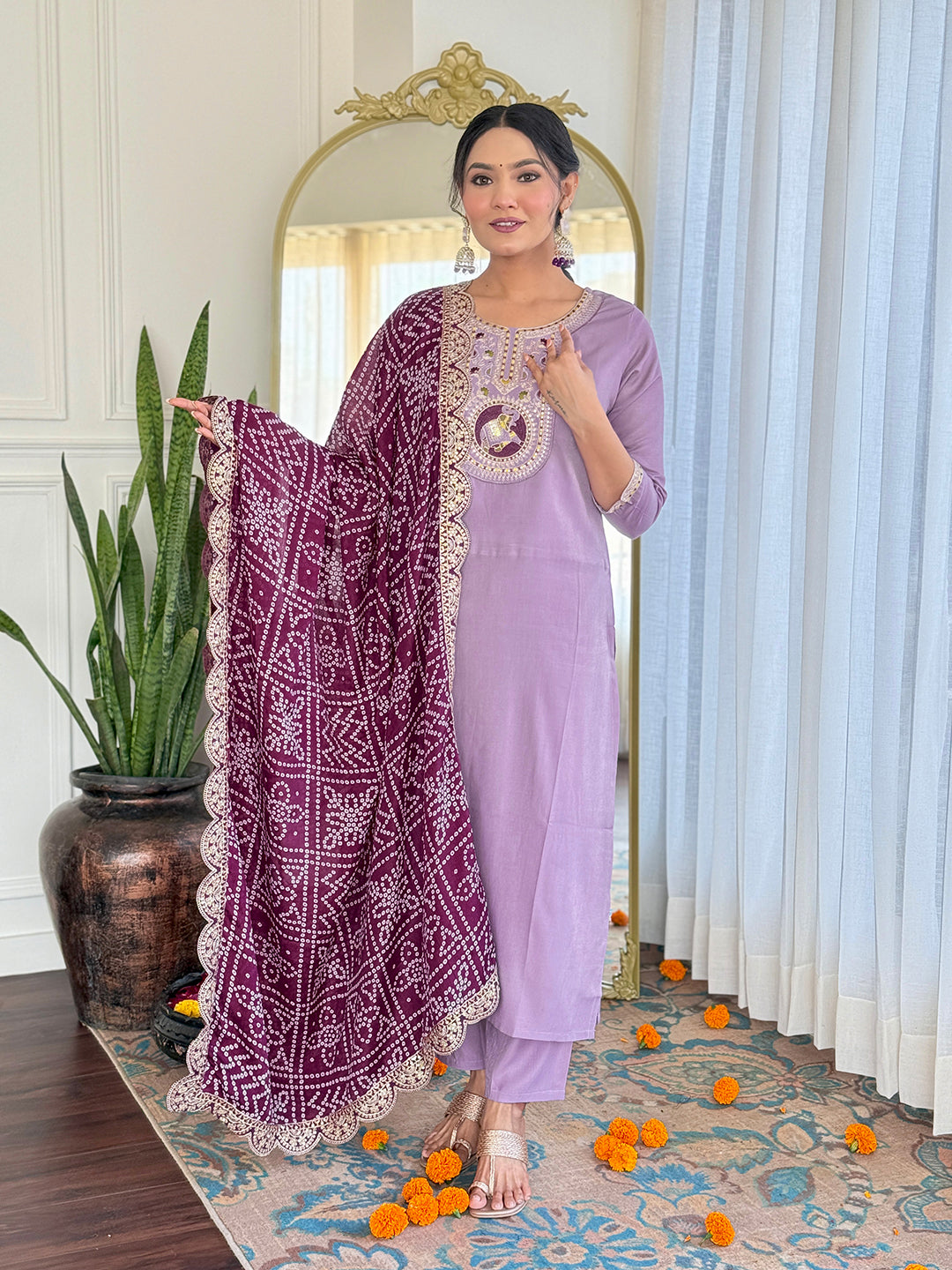 Beautiful Lavender Color Rayon Embroidered Straight Kurta With Pant And Organza Jacquard Dupatta Sets