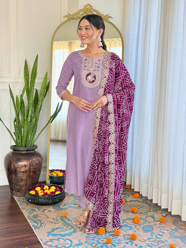 Beautiful Lavender Color Rayon Embroidered Straight Kurta With Pant And Organza Jacquard Dupatta Sets