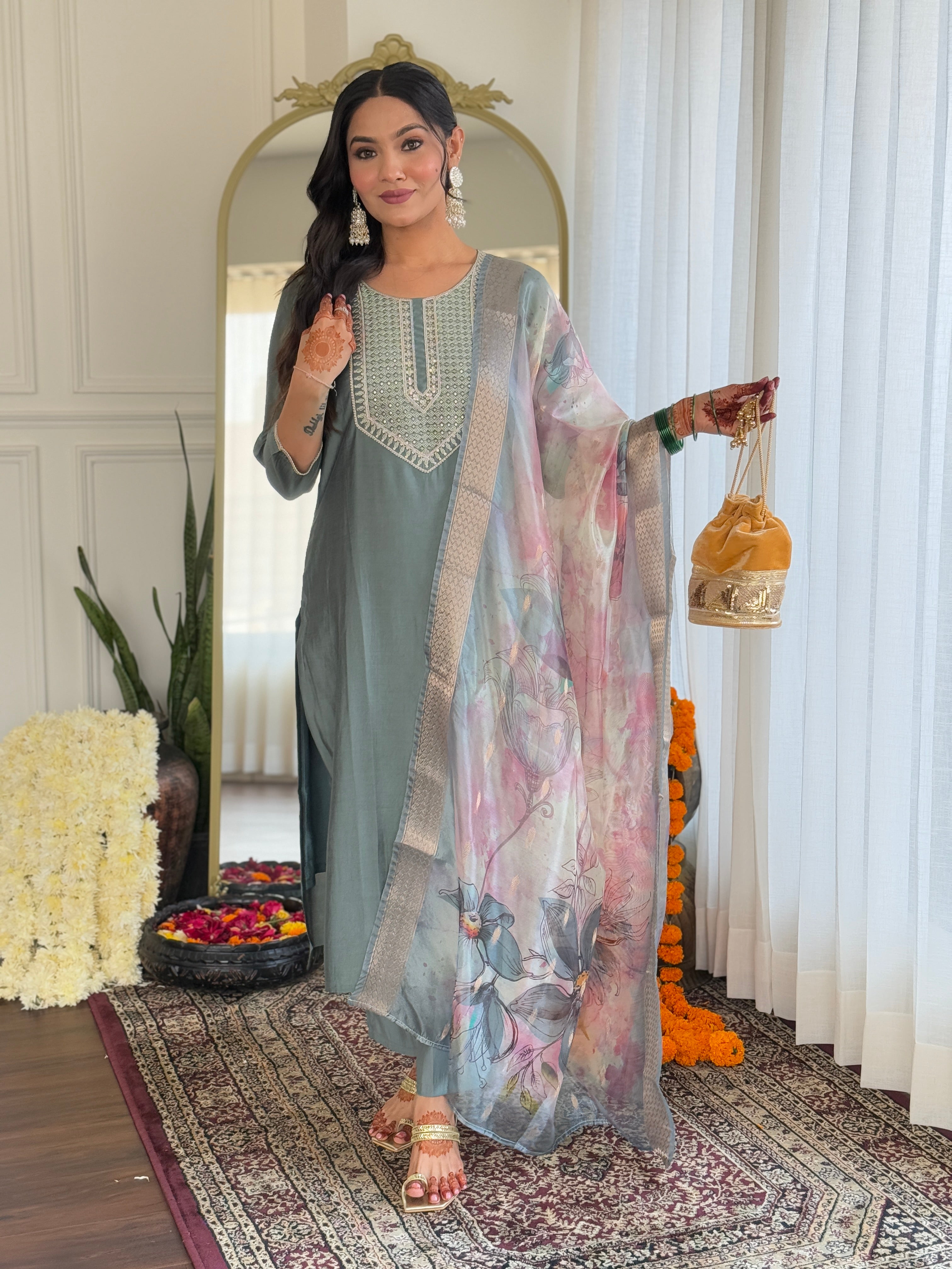 Fabulous Pista Color Viscose Embroidered Work Straight Kurta Set