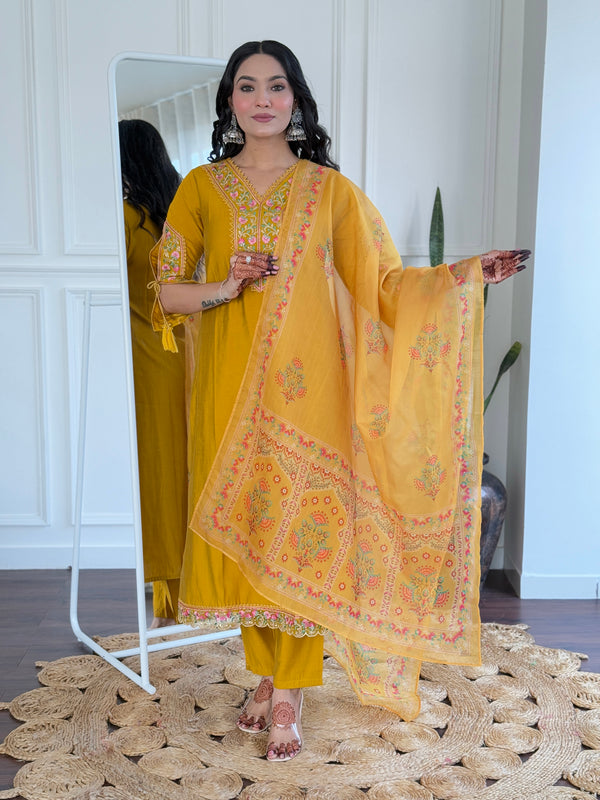 Exclusive Yellow Color Viscose Embroidered Straight Kurta 3 Piece Set