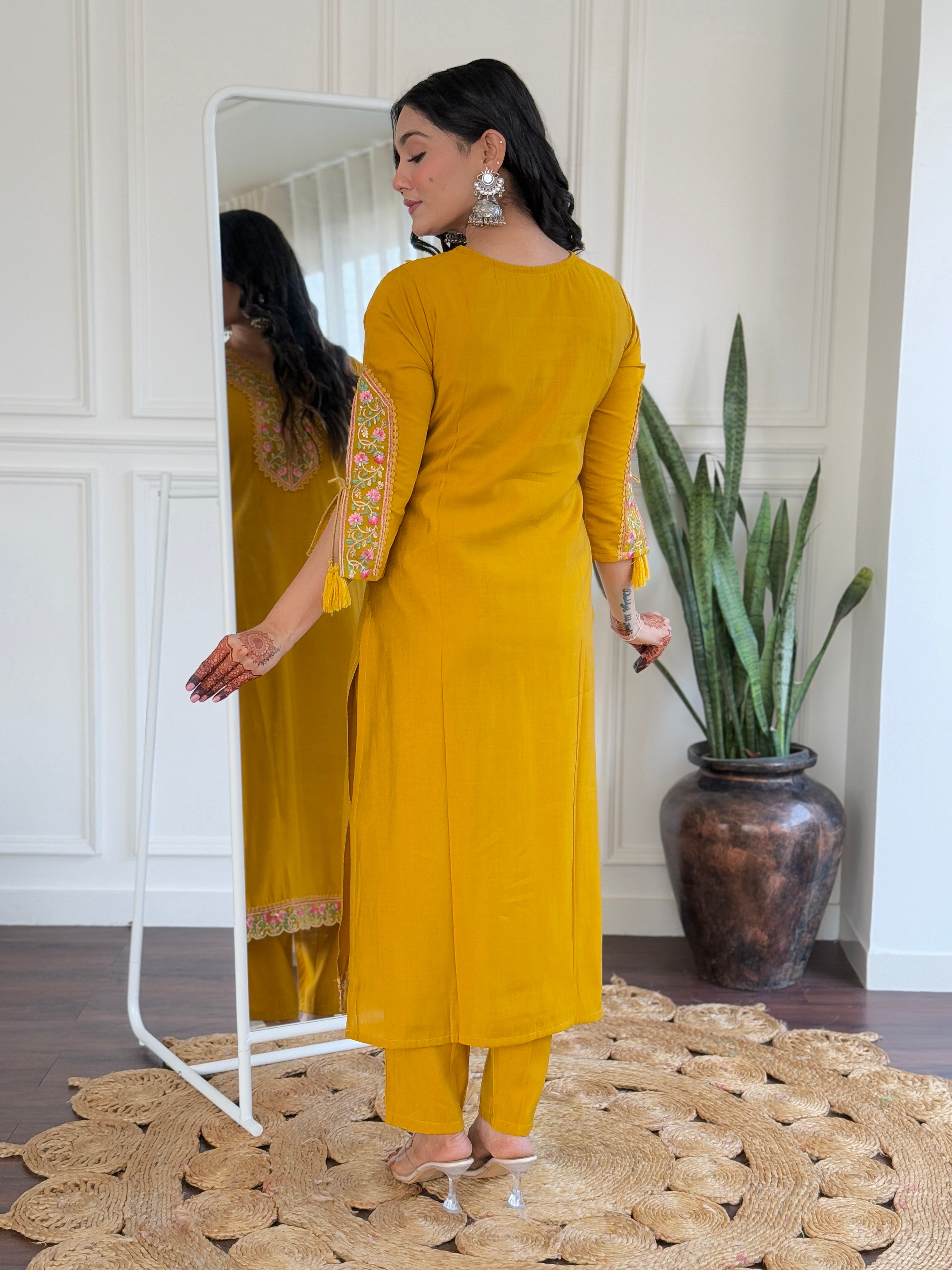Exclusive Yellow Color Viscose Embroidered Straight Kurta 3 Piece Set