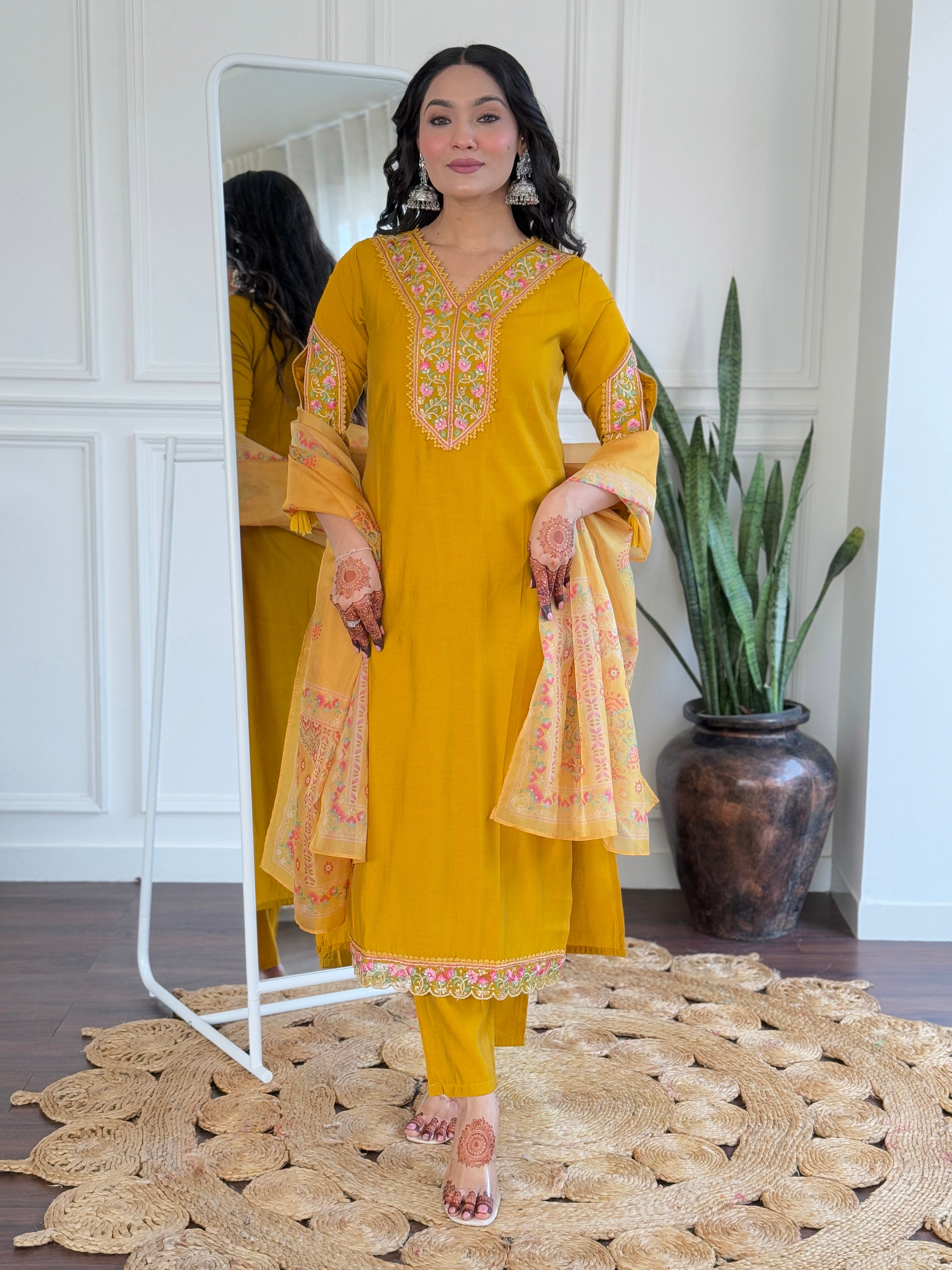 Exclusive Yellow Color Viscose Embroidered Straight Kurta 3 Piece Set