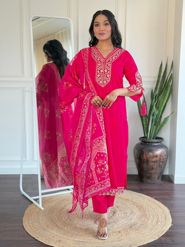 Exclusive Pink Color Viscose Embroidered Straight Kurta 3 Piece Set