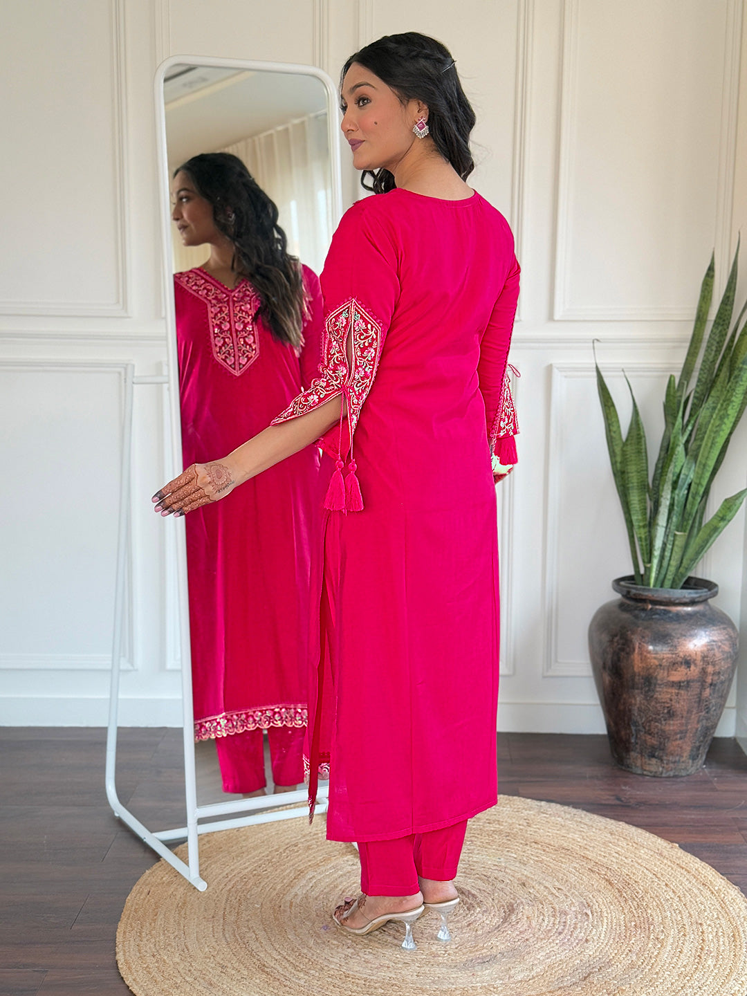 Exclusive Pink Color Viscose Embroidered Straight Kurta 3 Piece Set