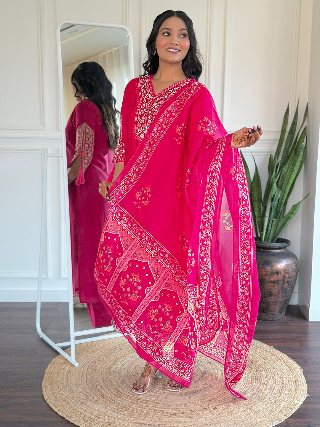 Exclusive Pink Color Viscose Embroidered Straight Kurta 3 Piece Set