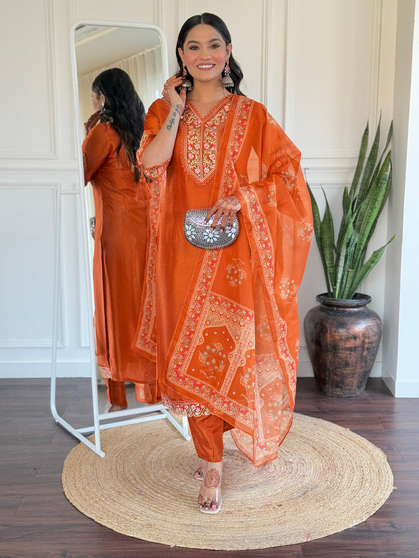 Exclusive Orange Color Viscose Embroidered Straight Kurta 3 Piece Set