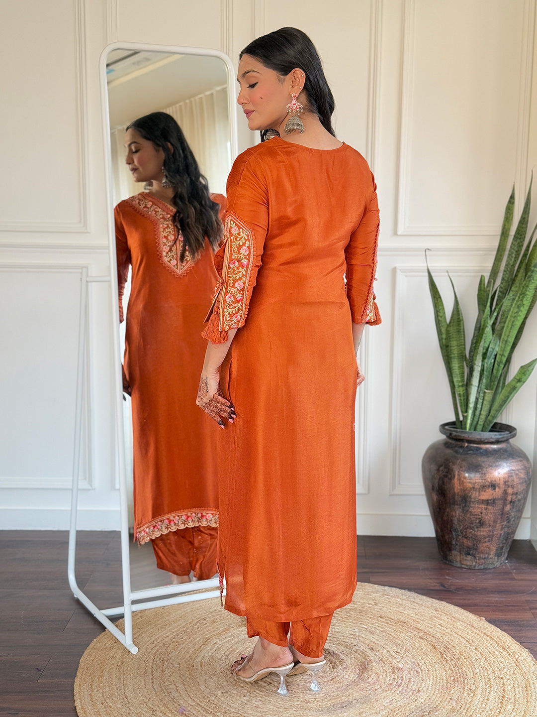 Exclusive Orange Color Viscose Embroidered Straight Kurta 3 Piece Set