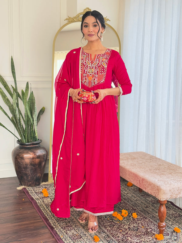 Gorgeous Red Color Vichitra Silk Embroidered Flared Kurta Set