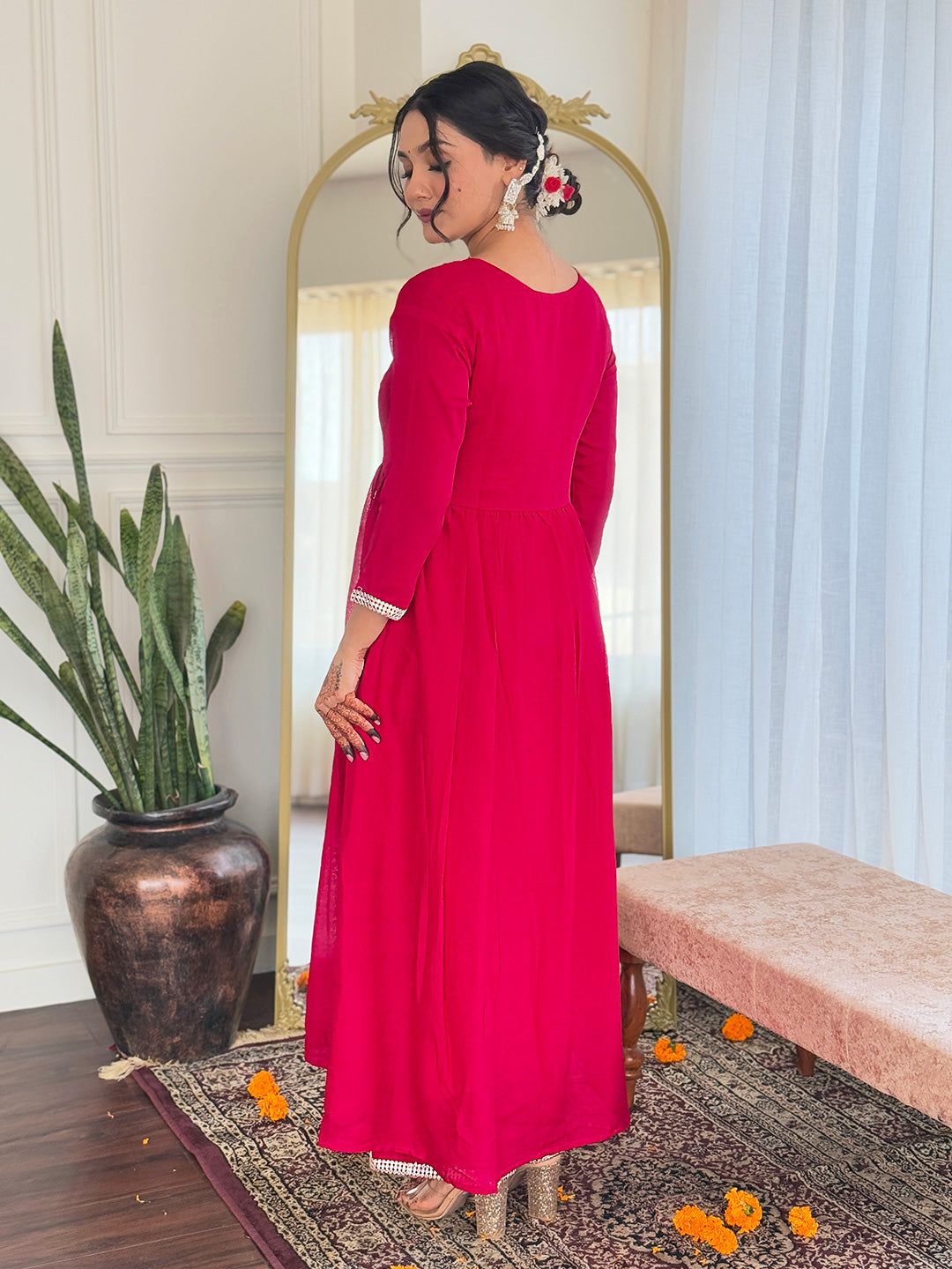 Gorgeous Red Color Vichitra Silk Embroidered Flared Kurta Set