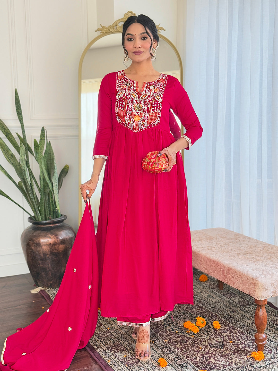 Gorgeous Red Color Vichitra Silk Embroidered Flared Kurta Set