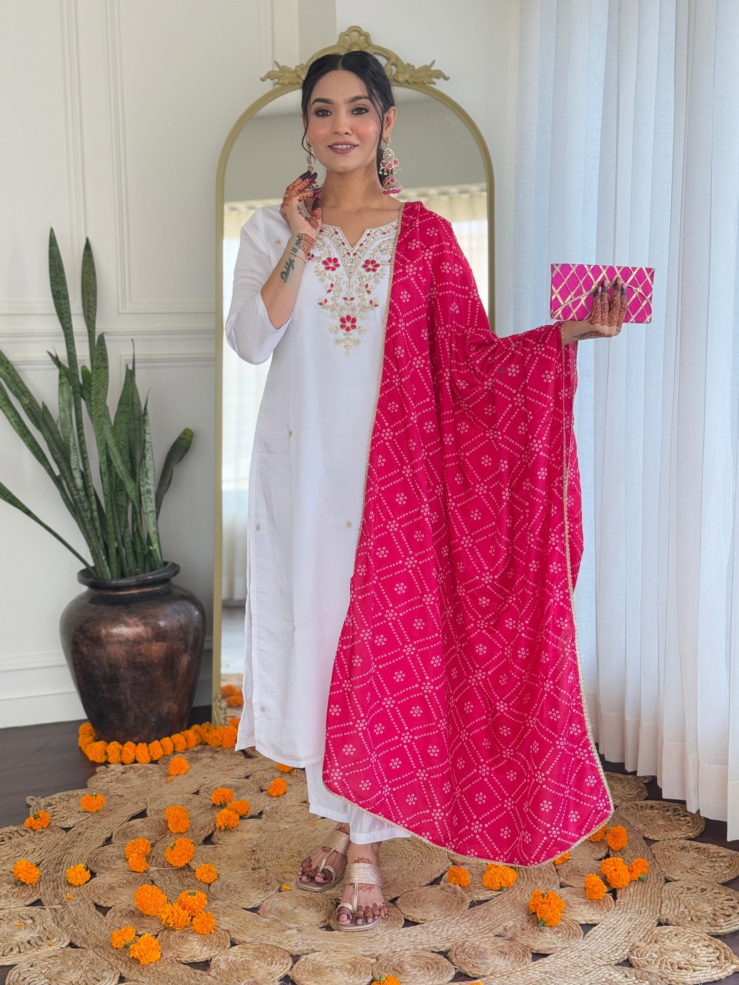 Party Wear White BSY Viscose Embroidered Work Straight Kurta Set