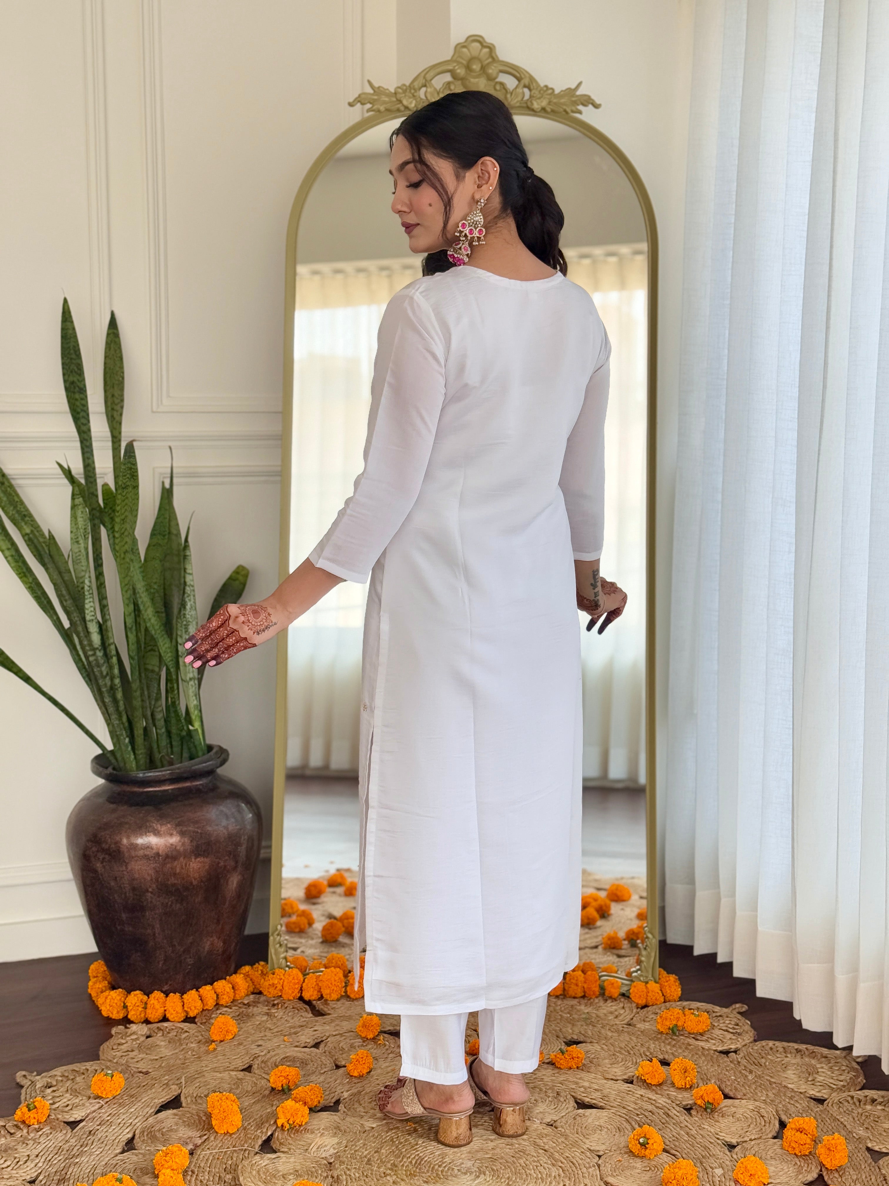 Party Wear White BSY Viscose Embroidered Work Straight Kurta Set