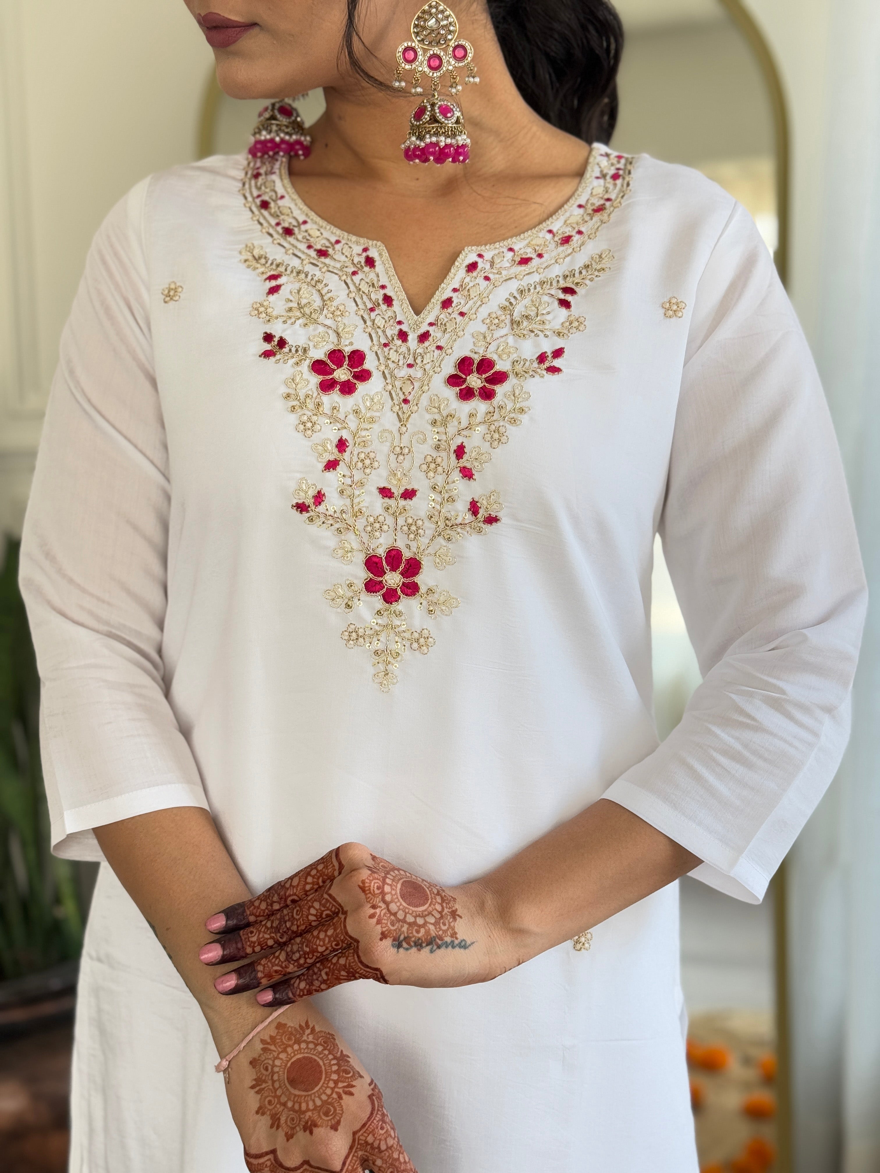 Party Wear White BSY Viscose Embroidered Work Straight Kurta Set