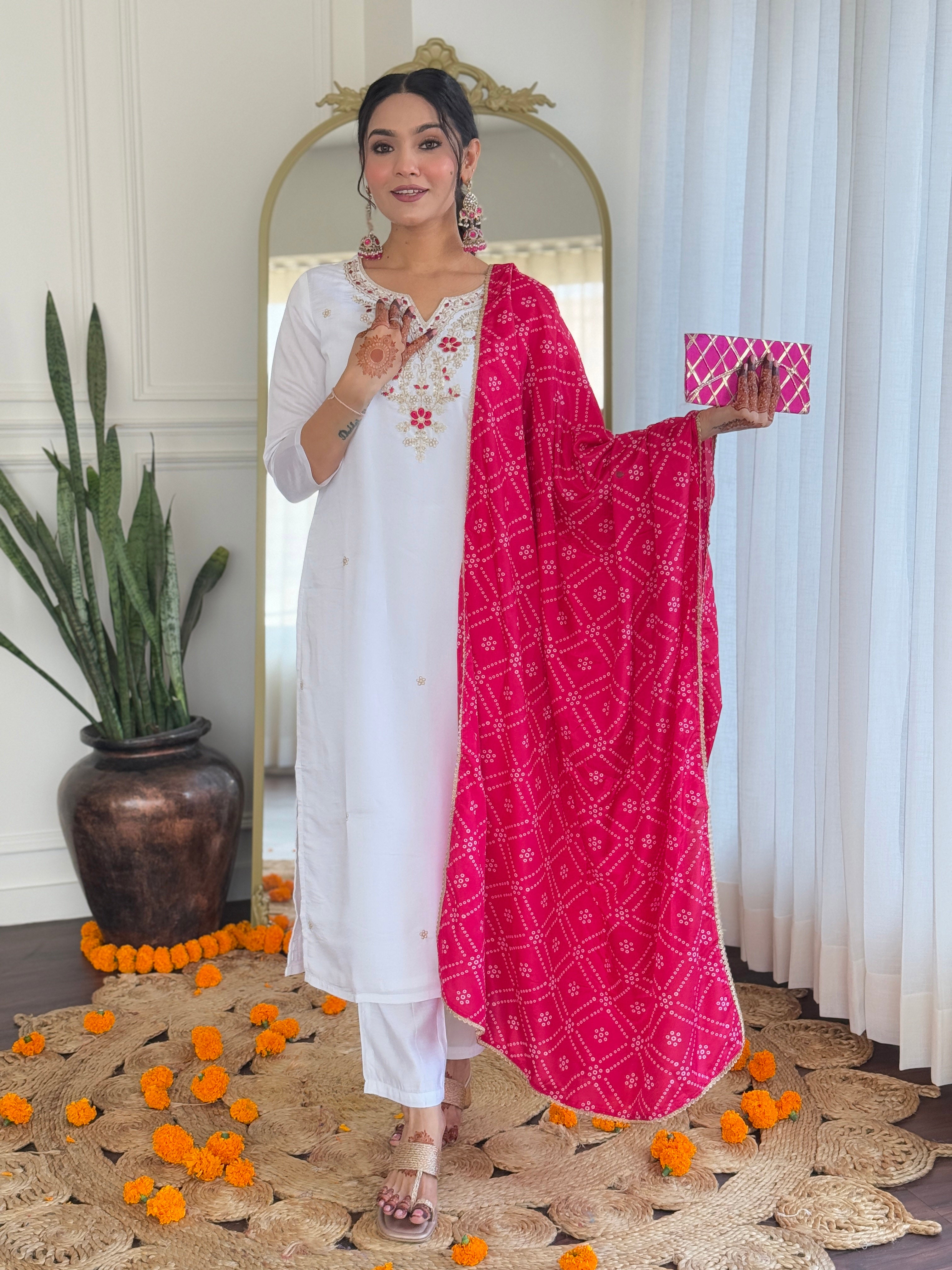 Party Wear White BSY Viscose Embroidered Work Straight Kurta Set