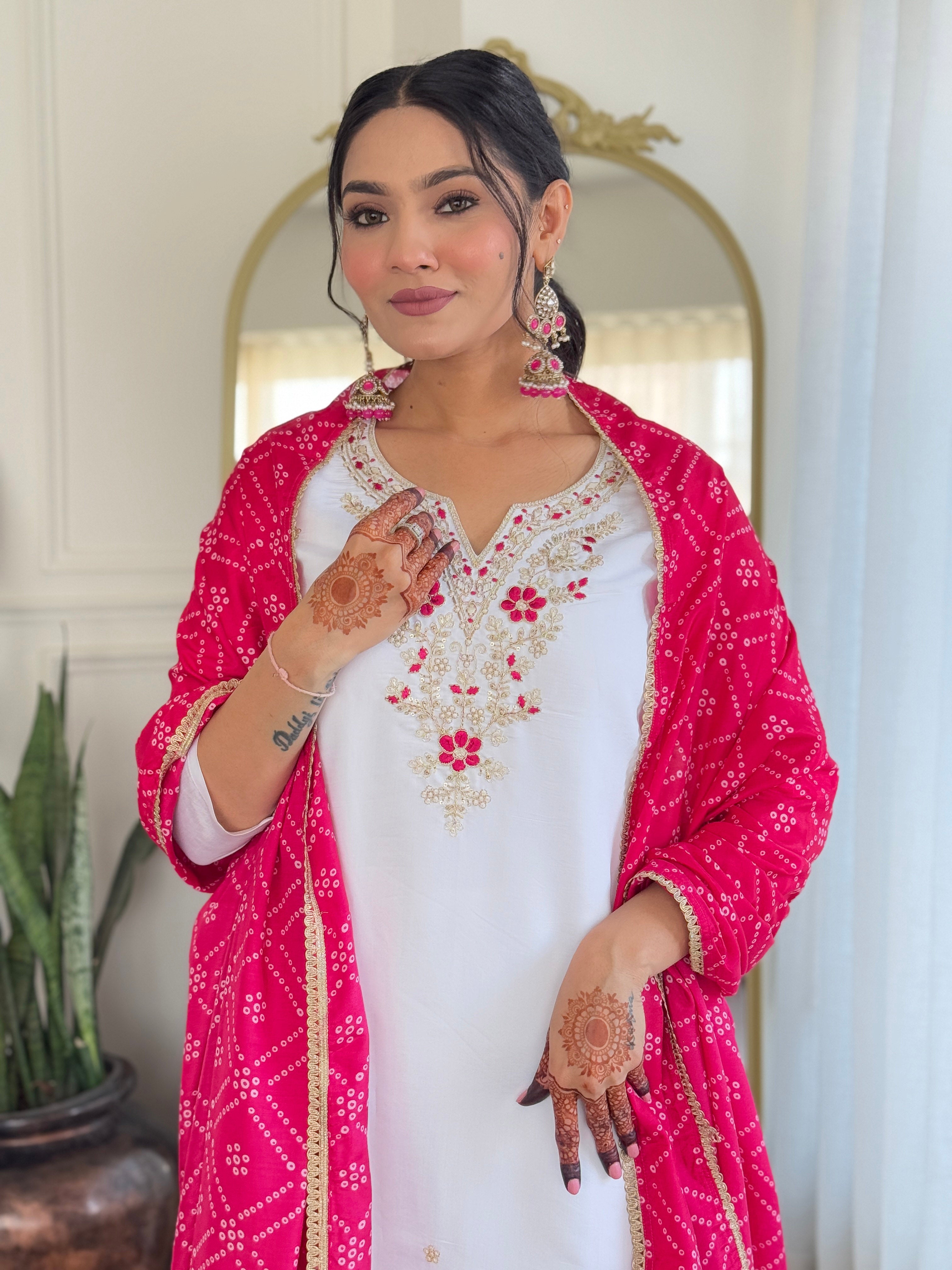 Party Wear White BSY Viscose Embroidered Work Straight Kurta Set