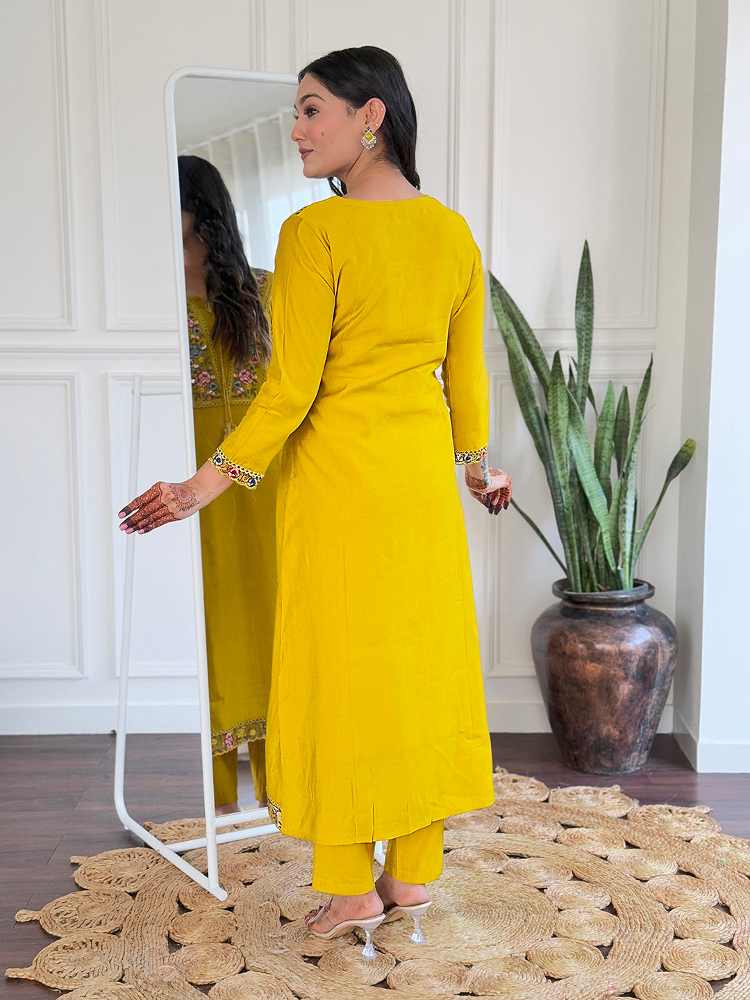 Wedding Wear Mustard BSY Viscose Embroidered Work Straight Kurta Set