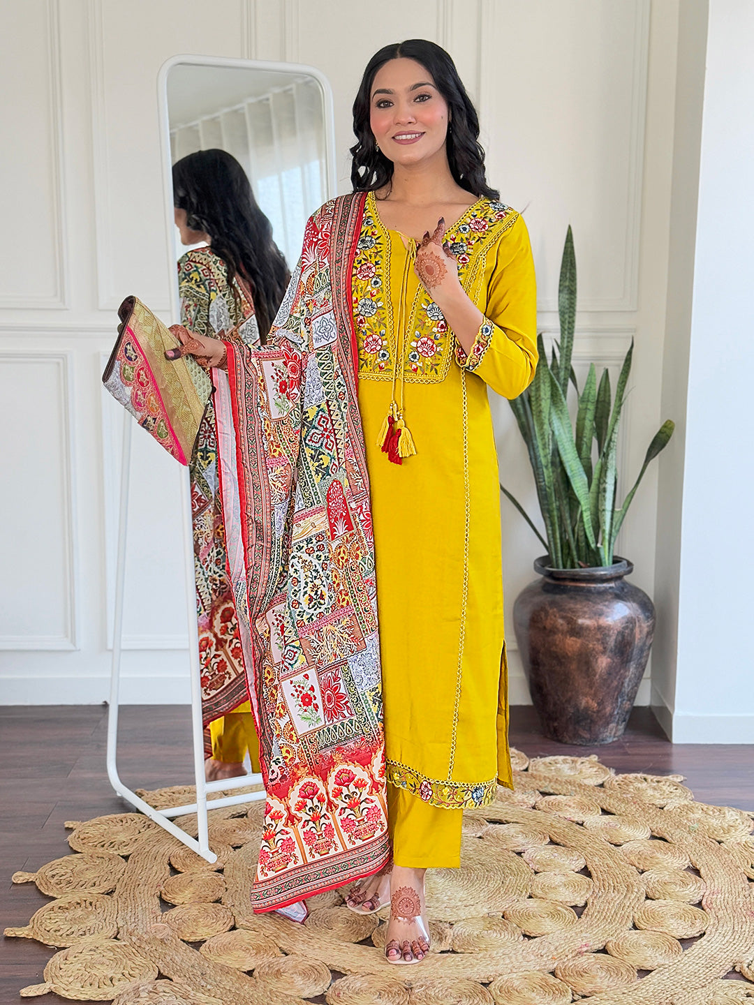 Wedding Wear Mustard BSY Viscose Embroidered Work Straight Kurta Set