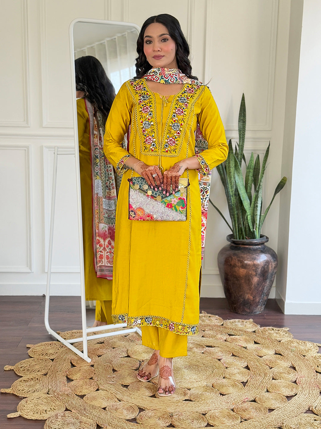 Wedding Wear Mustard BSY Viscose Embroidered Work Straight Kurta Set