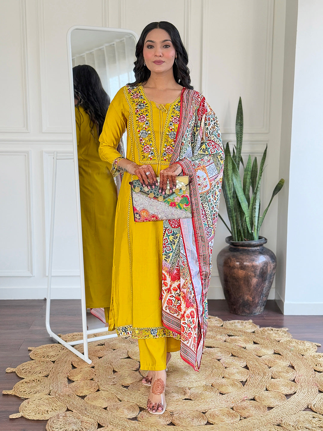 Wedding Wear Mustard BSY Viscose Embroidered Work Straight Kurta Set