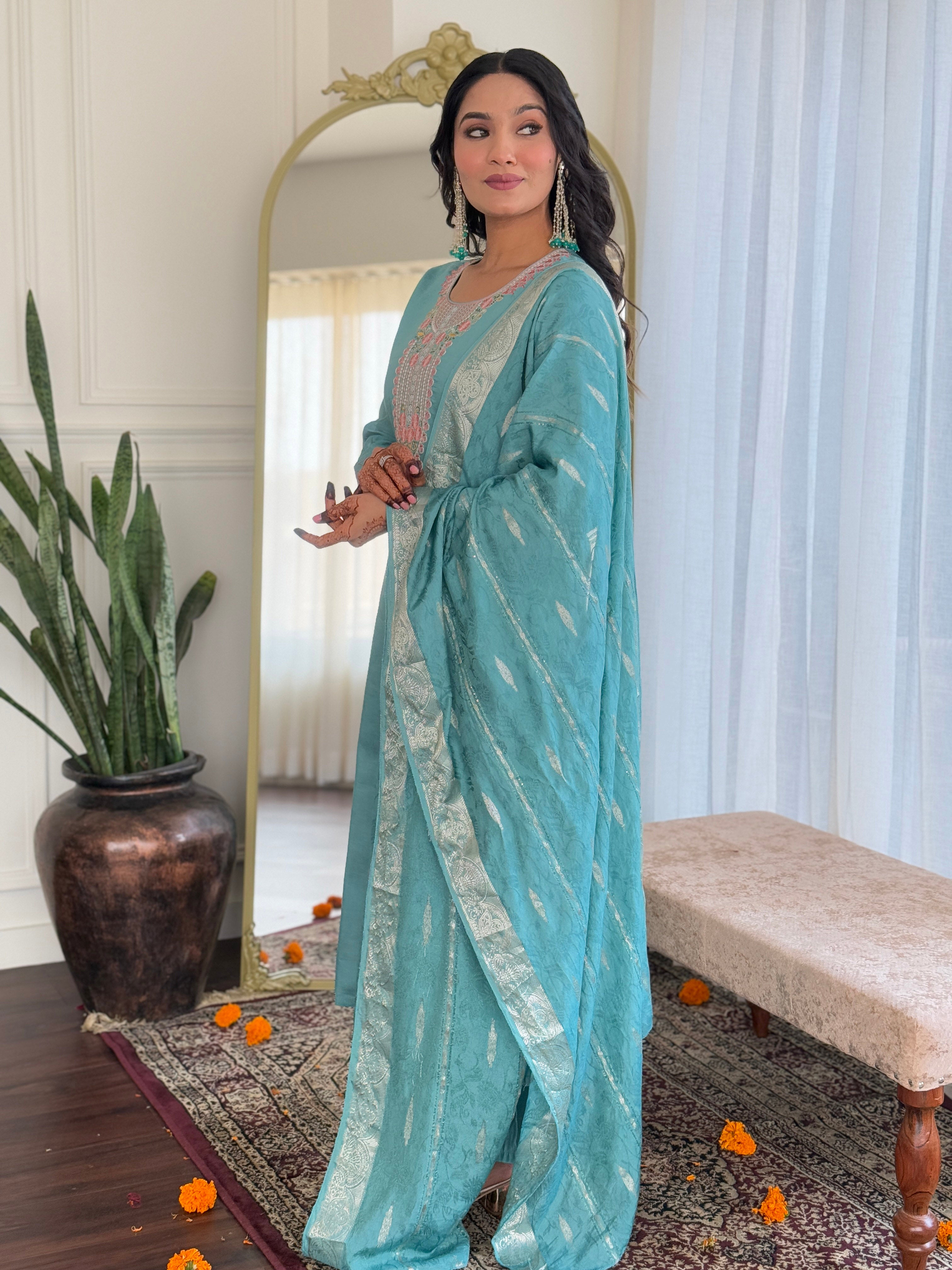 Innovative Sky Color Chanderi Embroidered Work Straight Kurta Set