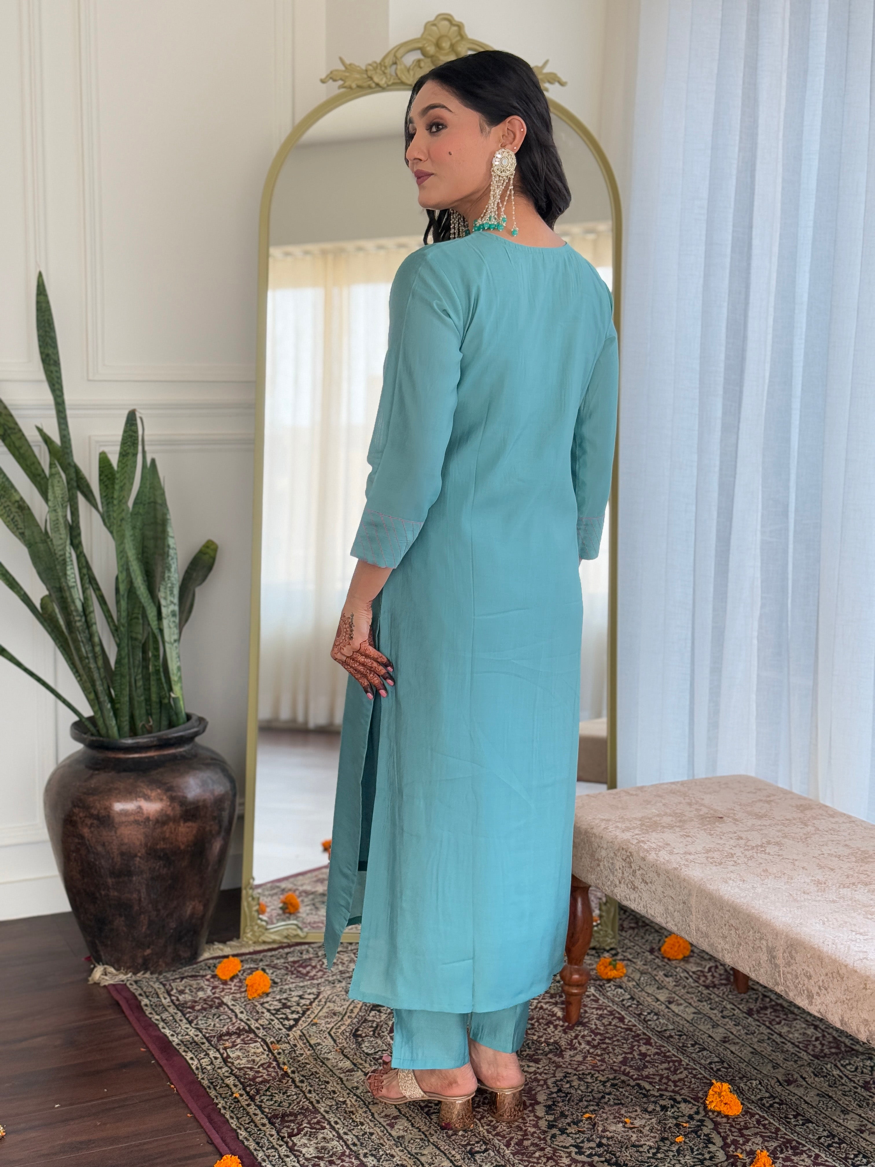 Innovative Sky Color Chanderi Embroidered Work Straight Kurta Set