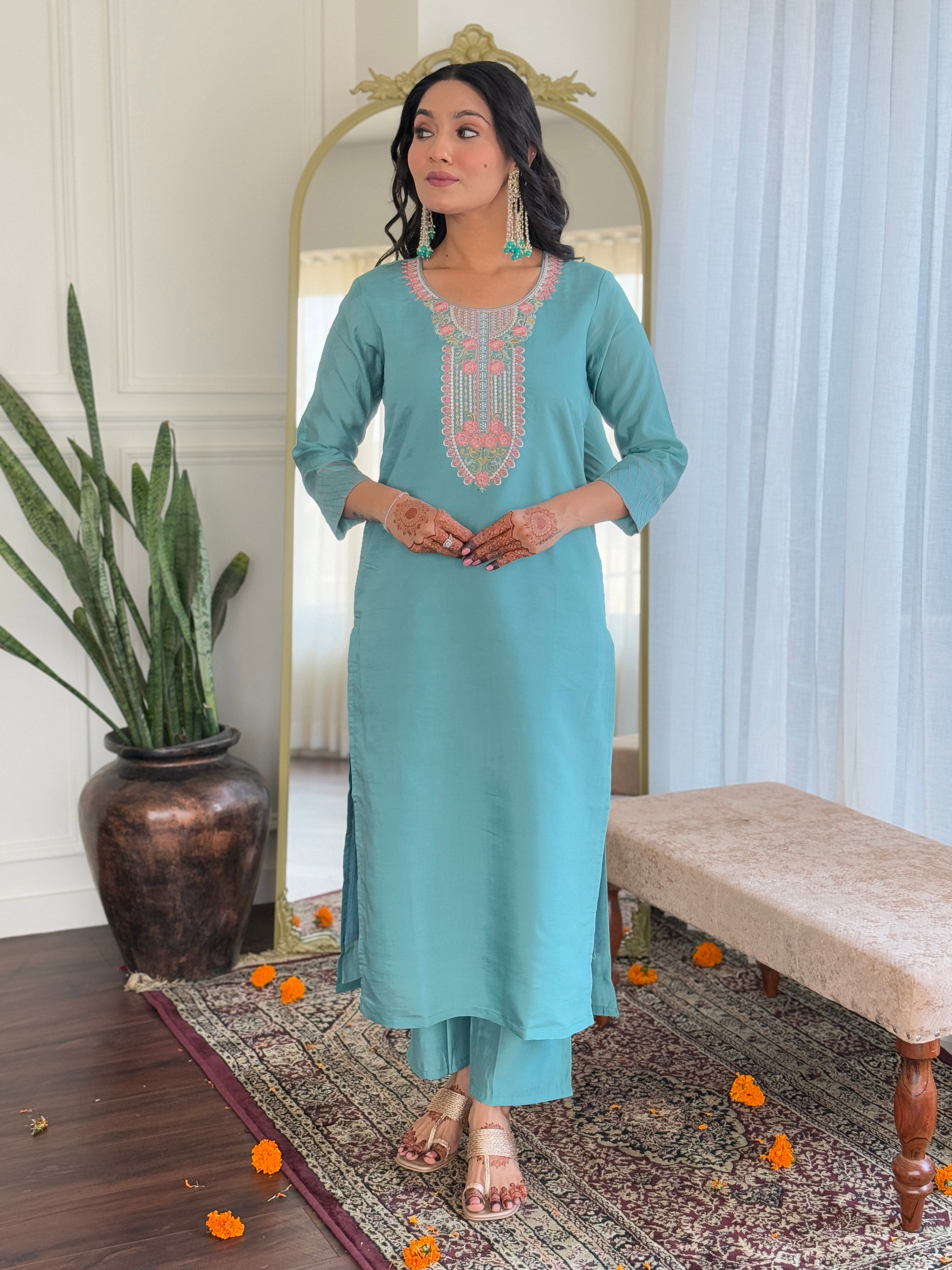 Innovative Sky Color Chanderi Embroidered Work Straight Kurta Set