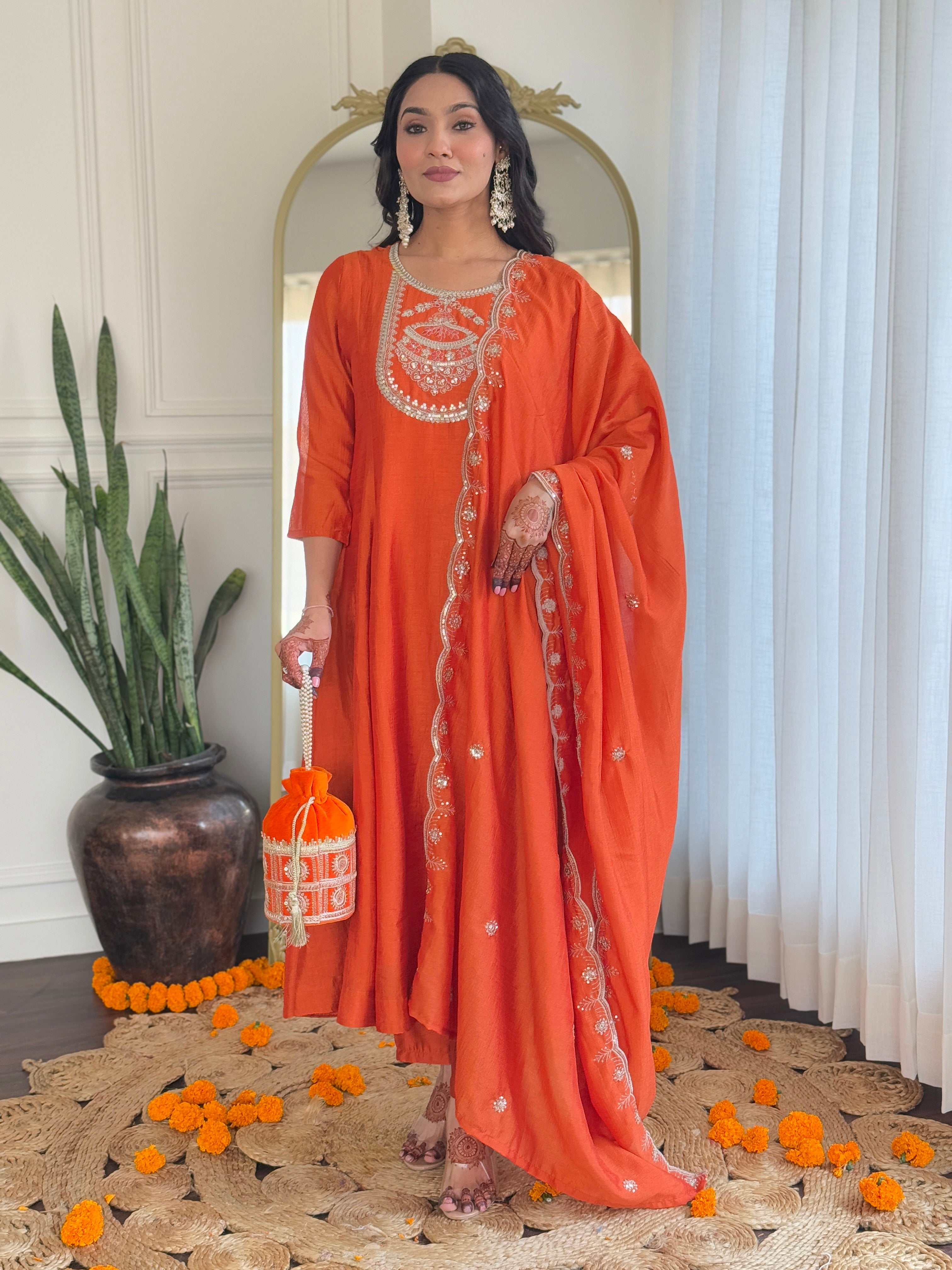 Fabulous Orange Vichitra Silk Embroidered Work Straight Kurta Set