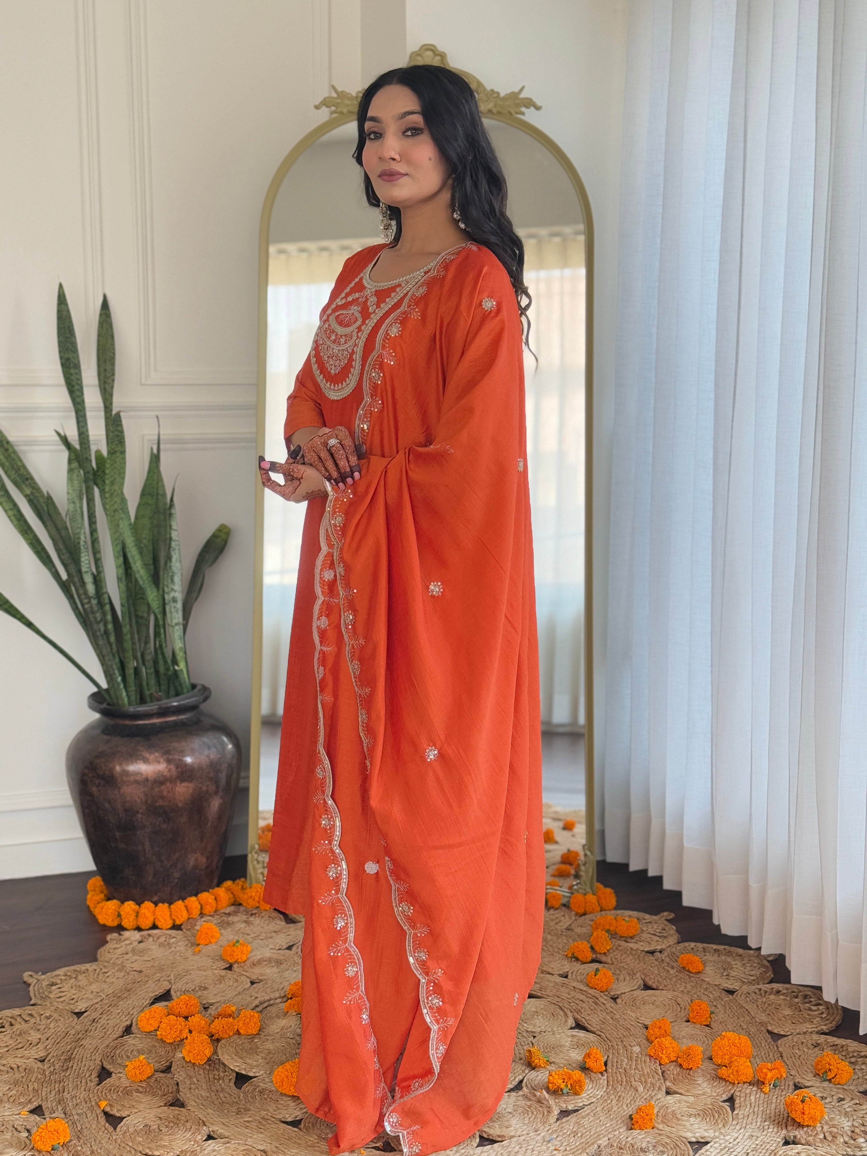 Fabulous Orange Vichitra Silk Embroidered Work Straight Kurta Set