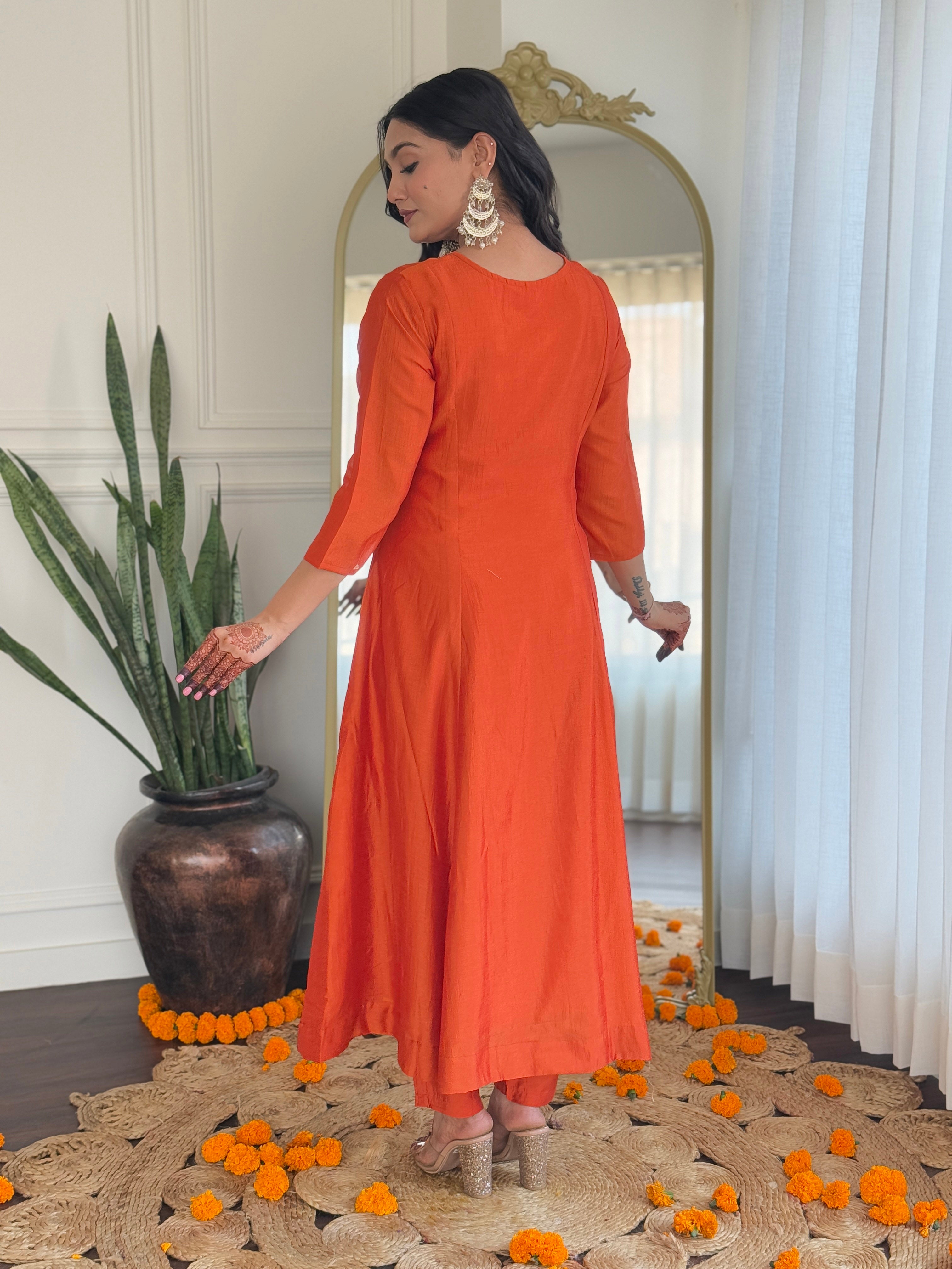 Fabulous Orange Vichitra Silk Embroidered Work Straight Kurta Set
