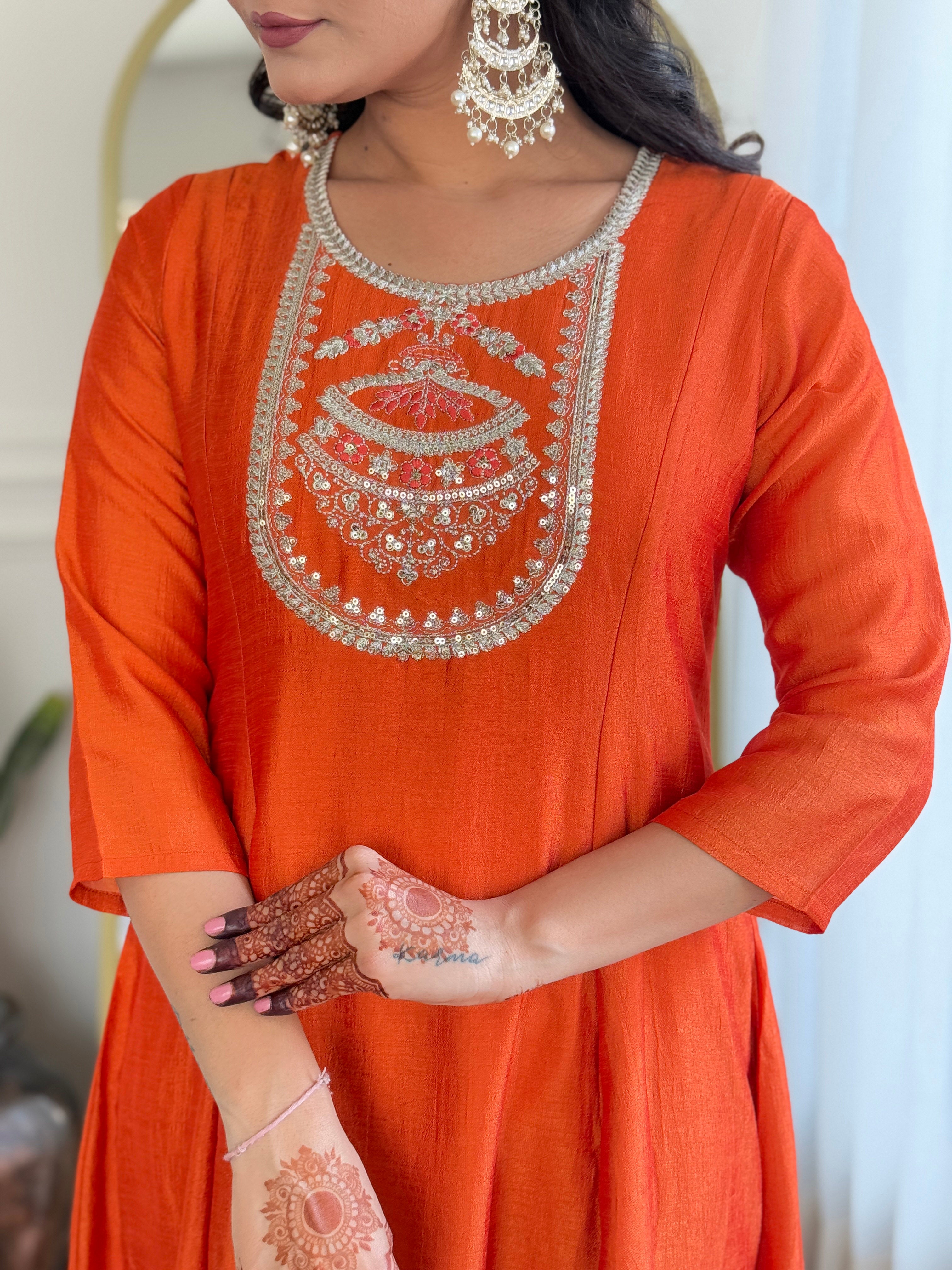 Fabulous Orange Vichitra Silk Embroidered Work Straight Kurta Set