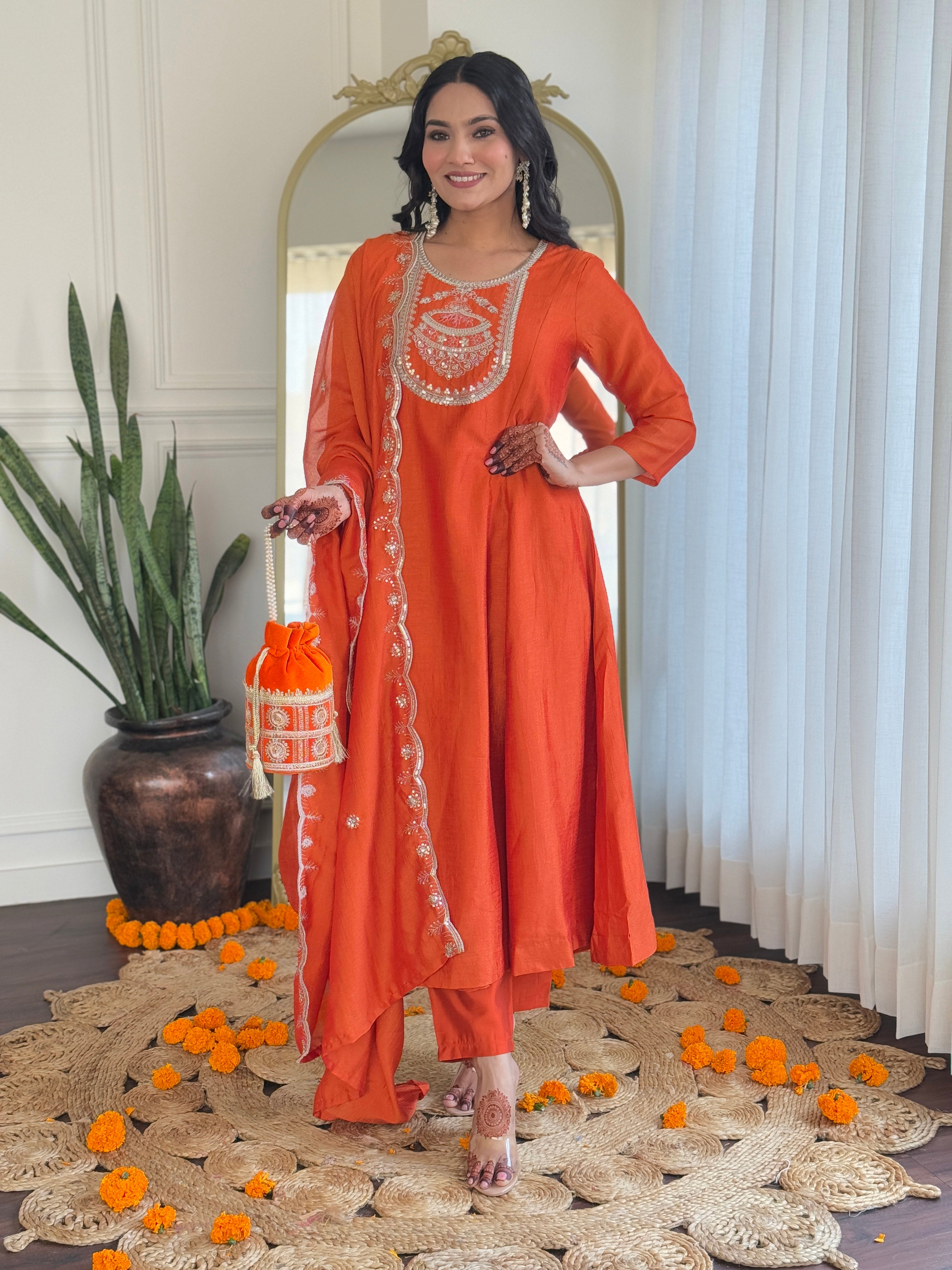 Fabulous Orange Vichitra Silk Embroidered Work Straight Kurta Set