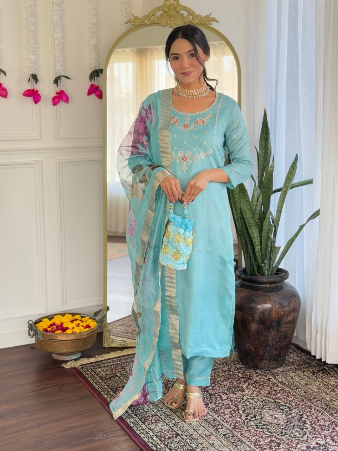 Trendy Firoji Color Viscose Embroidered Straight Kurta with Viscose Pant And Jacquard Printed Dupatta Sets
