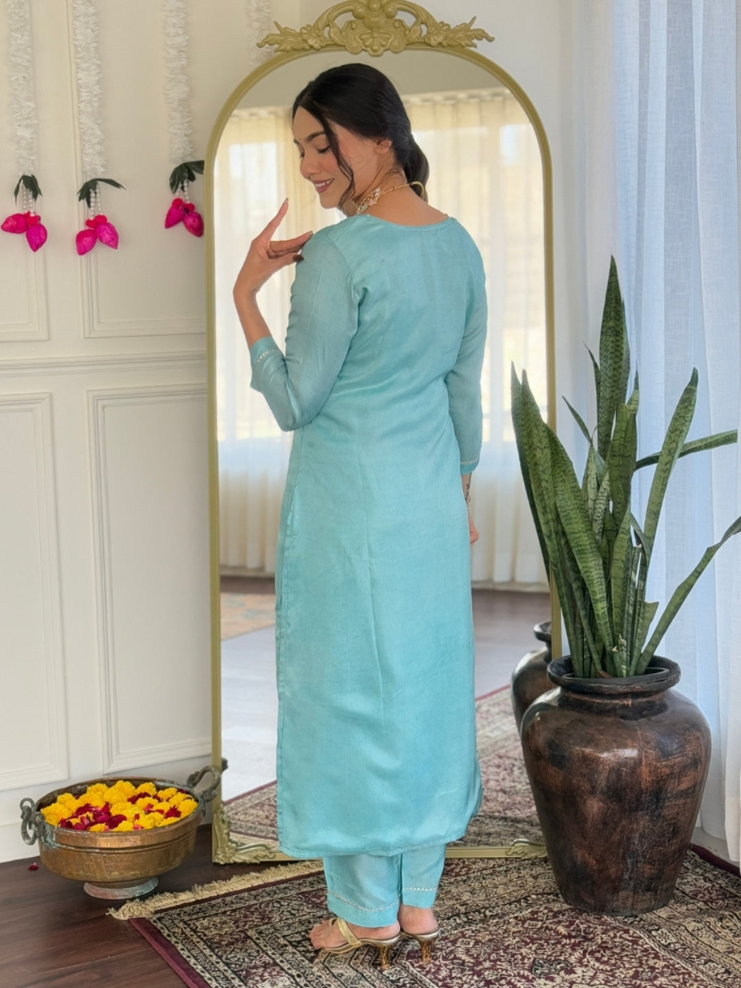 Trendy Firoji Color Viscose Embroidered Straight Kurta with Viscose Pant And Jacquard Printed Dupatta Sets