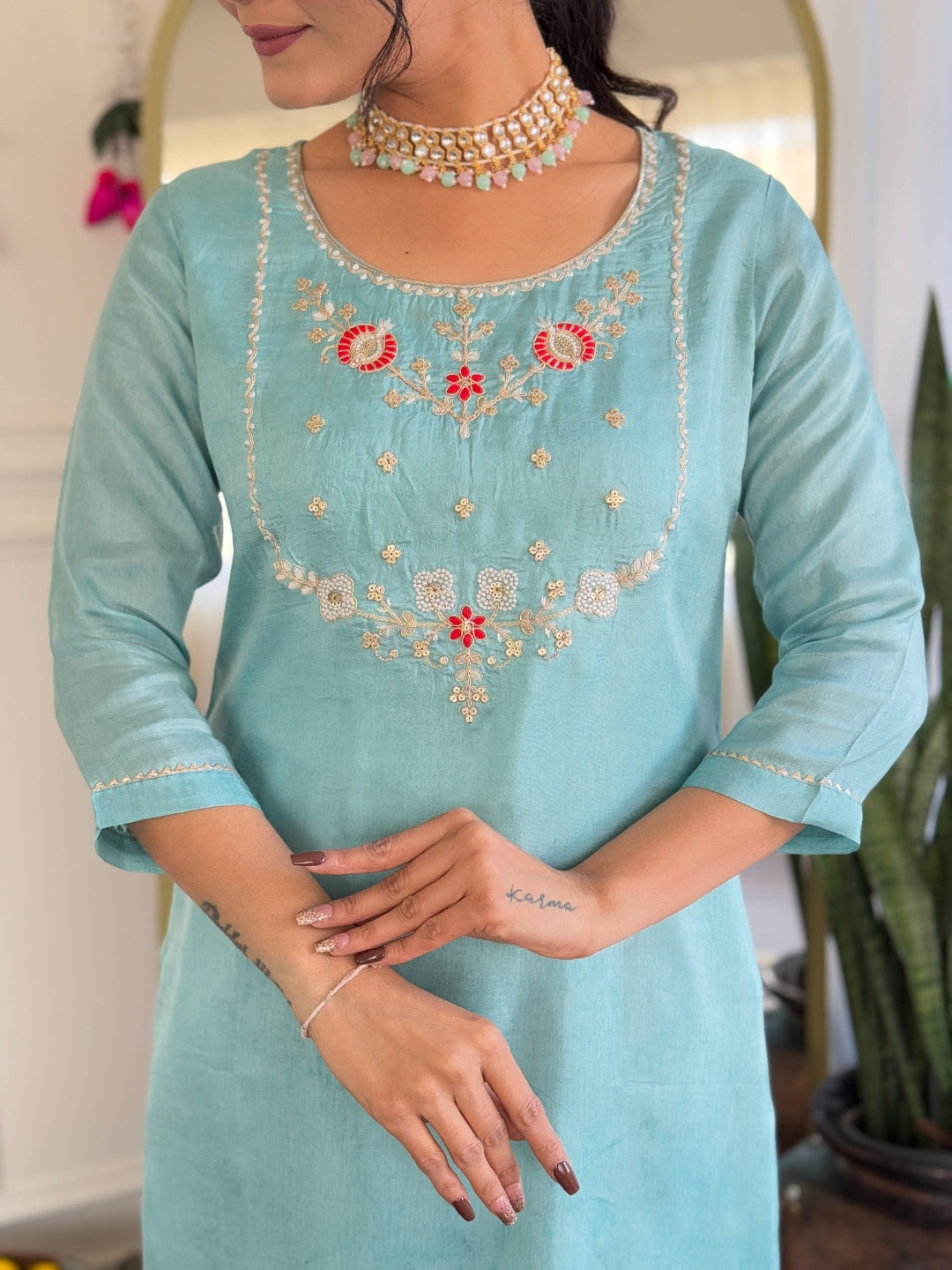 Trendy Firoji Color Viscose Embroidered Straight Kurta with Viscose Pant And Jacquard Printed Dupatta Sets