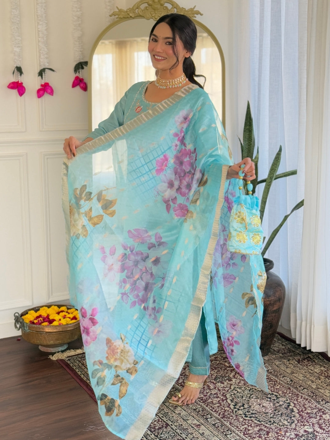 Trendy Firoji Color Viscose Embroidered Straight Kurta with Viscose Pant And Jacquard Printed Dupatta Sets