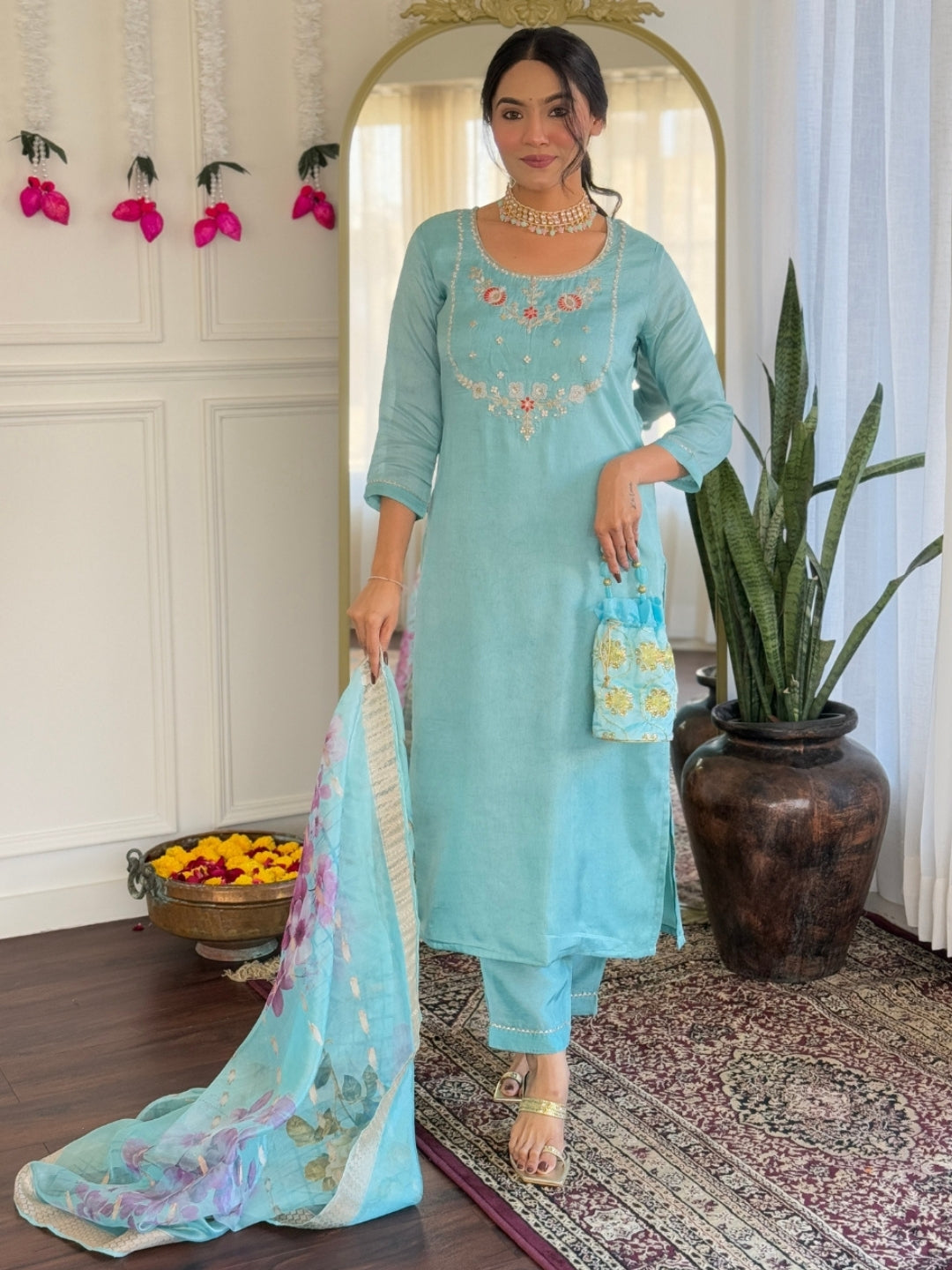 Trendy Firoji Color Viscose Embroidered Straight Kurta with Viscose Pant And Jacquard Printed Dupatta Sets