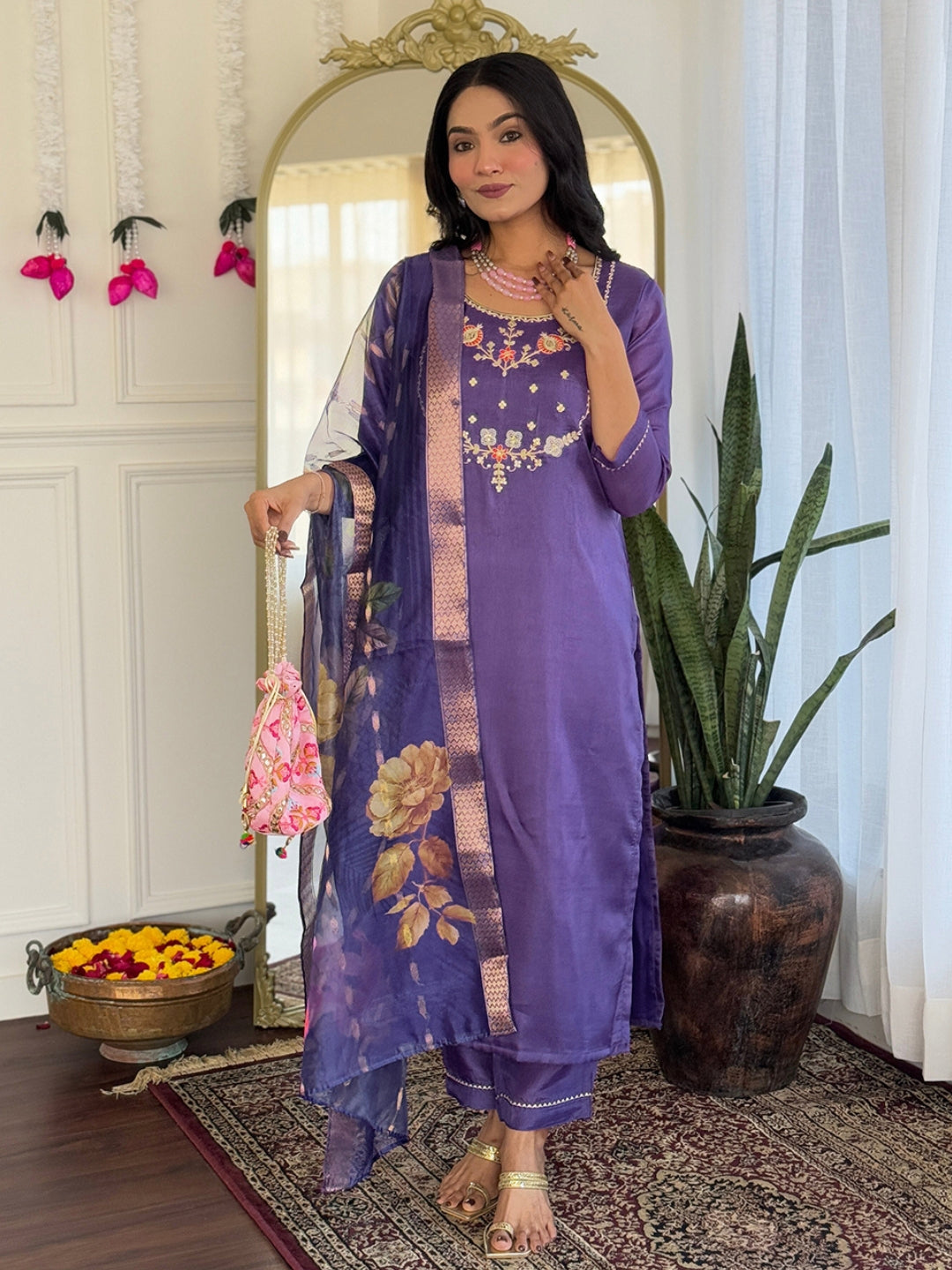 Trendy Purple Color Viscose Embroidered Straight Kurta with Viscose Pant And Jacquard Printed Dupatta Sets