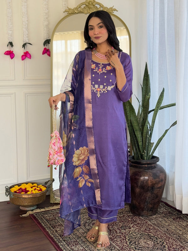 Trendy Purple Color Viscose Embroidered Straight Kurta with Viscose Pant And Jacquard Printed Dupatta Sets