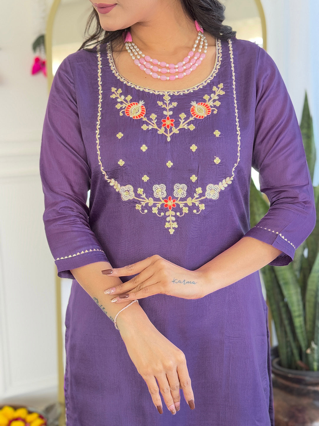Trendy Purple Color Viscose Embroidered Straight Kurta with Viscose Pant And Jacquard Printed Dupatta Sets