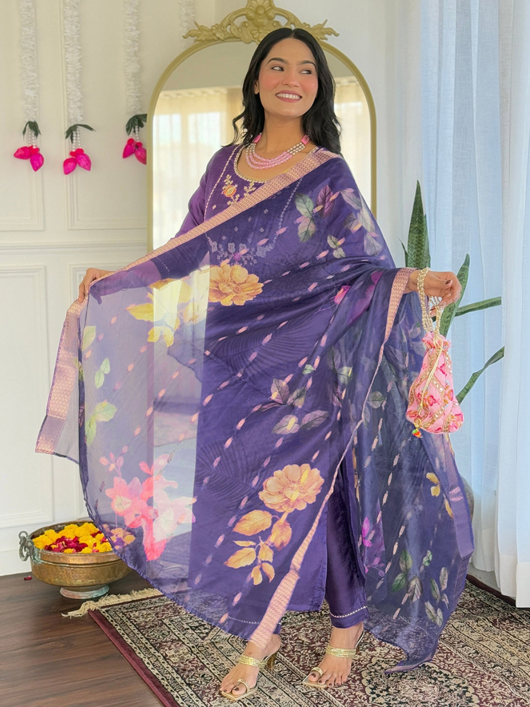 Trendy Purple Color Viscose Embroidered Straight Kurta with Viscose Pant And Jacquard Printed Dupatta Sets
