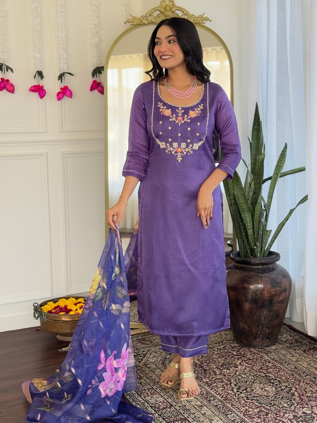 Trendy Purple Color Viscose Embroidered Straight Kurta with Viscose Pant And Jacquard Printed Dupatta Sets