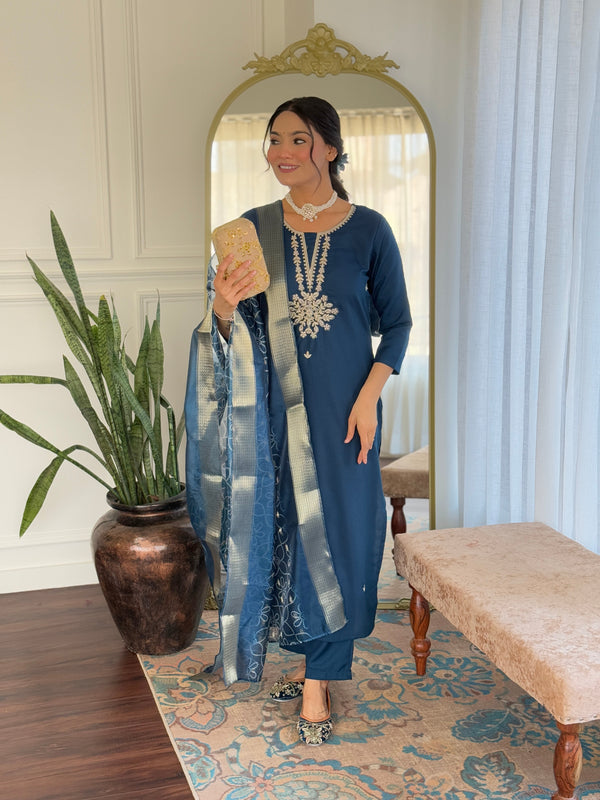 Alluring Teal Color Rayon Embroidered Straight Kurta With Rayon Pant And Organza Jacquard Dupatta Sets