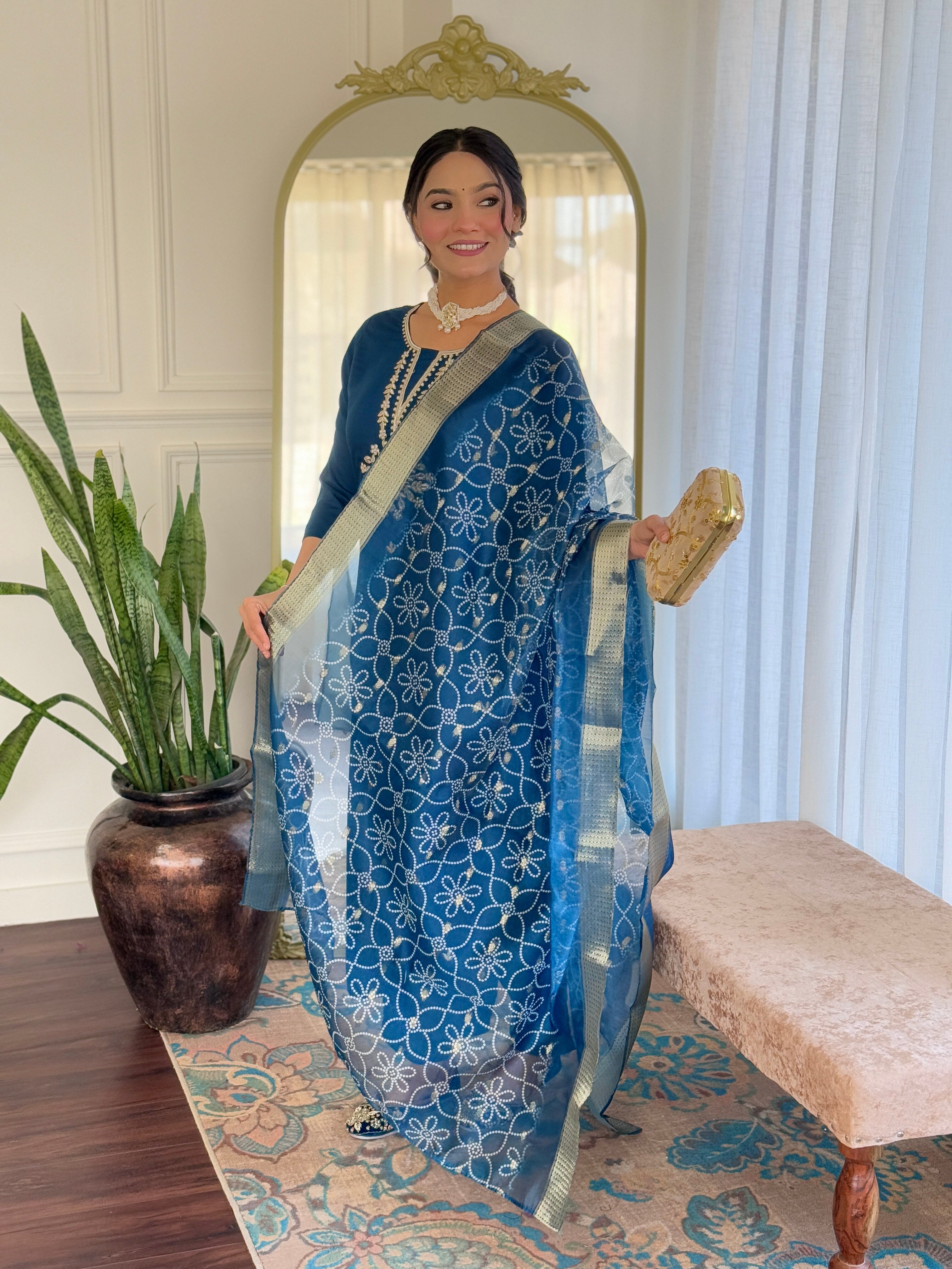 Alluring Teal Color Rayon Embroidered Straight Kurta With Rayon Pant And Organza Jacquard Dupatta Sets