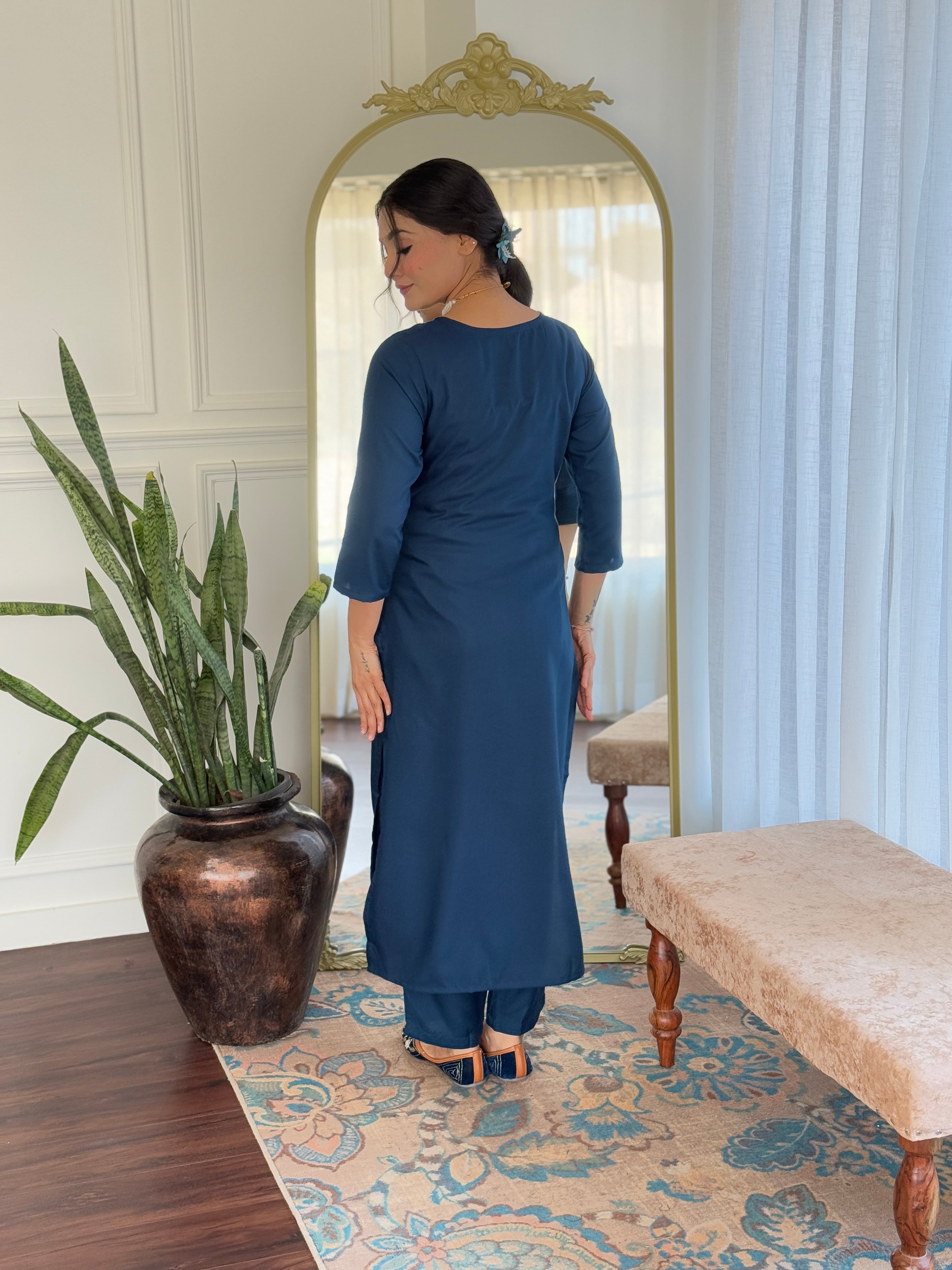 Alluring Teal Color Rayon Embroidered Straight Kurta With Rayon Pant And Organza Jacquard Dupatta Sets