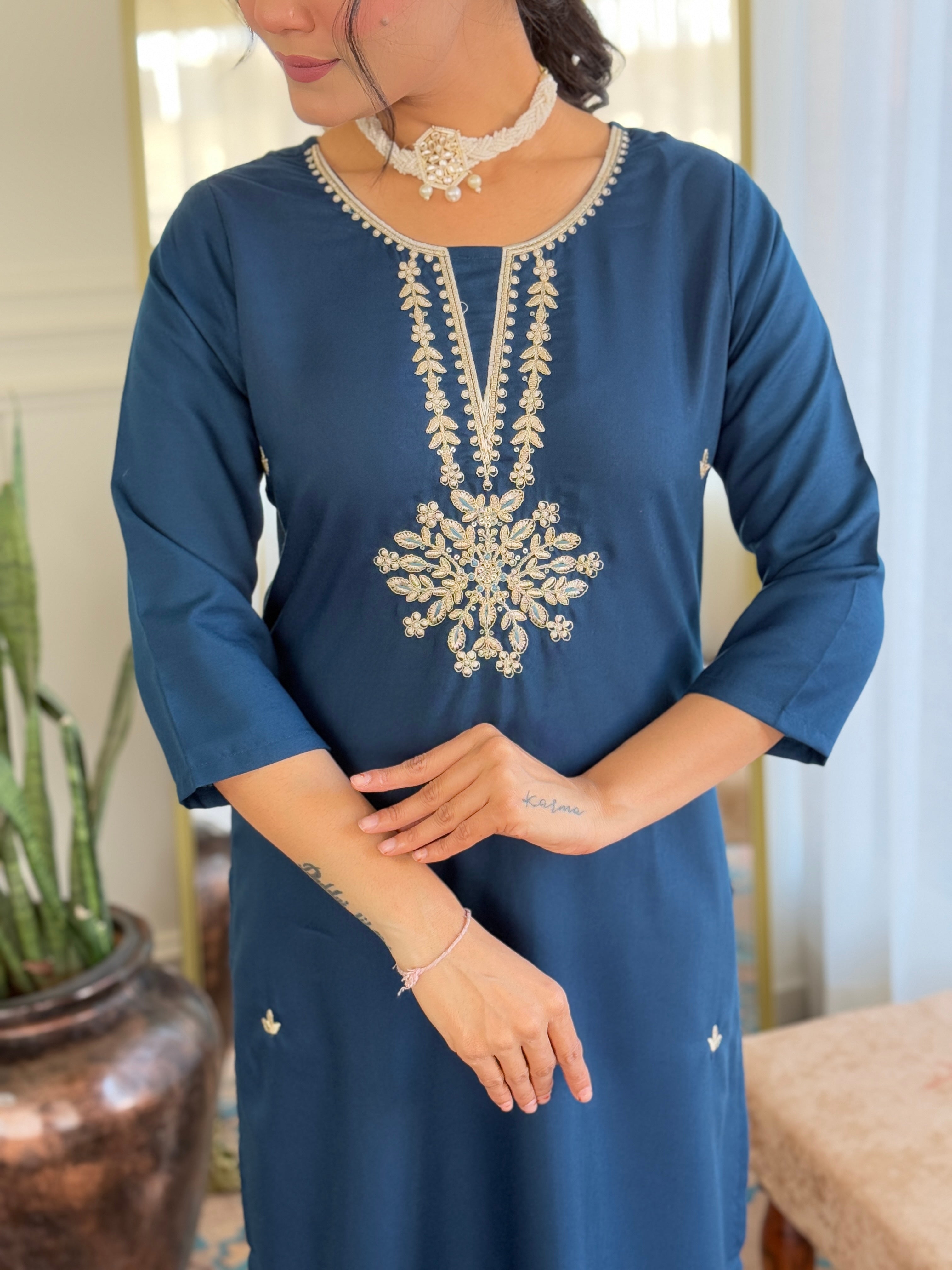 Alluring Teal Color Rayon Embroidered Straight Kurta With Rayon Pant And Organza Jacquard Dupatta Sets