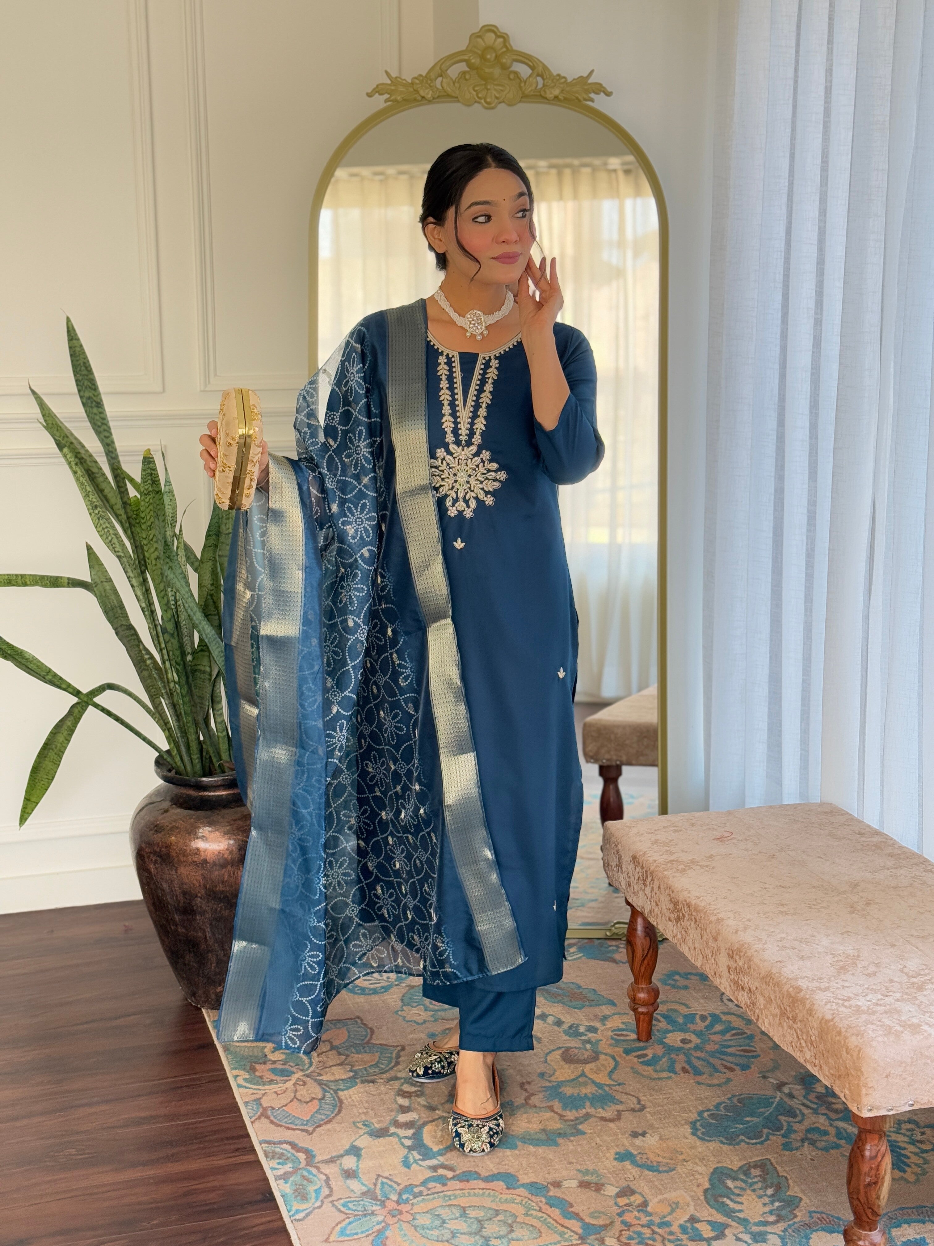 Alluring Teal Color Rayon Embroidered Straight Kurta With Rayon Pant And Organza Jacquard Dupatta Sets