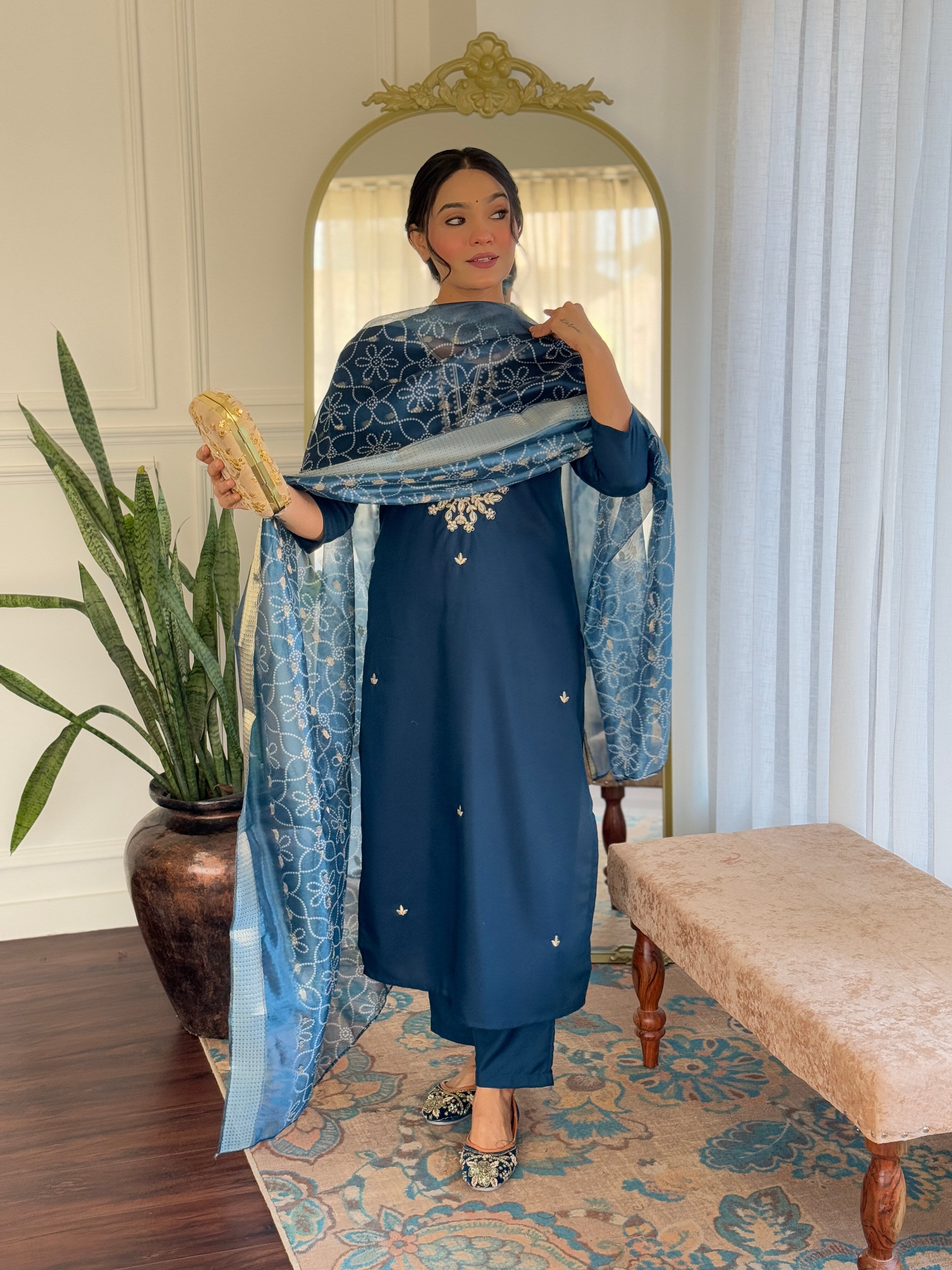 Alluring Teal Color Rayon Embroidered Straight Kurta With Rayon Pant And Organza Jacquard Dupatta Sets