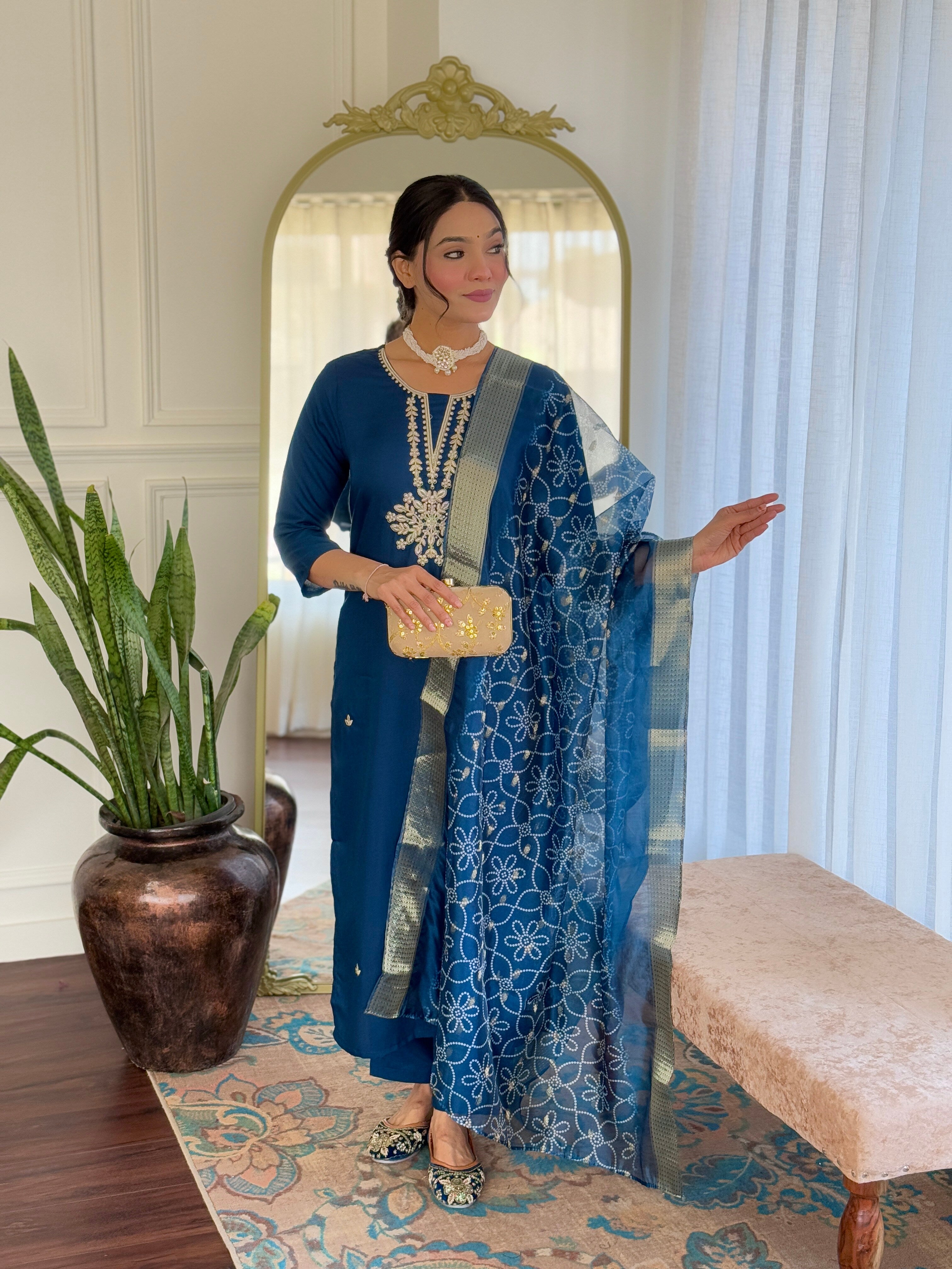 Alluring Teal Color Rayon Embroidered Straight Kurta With Rayon Pant And Organza Jacquard Dupatta Sets